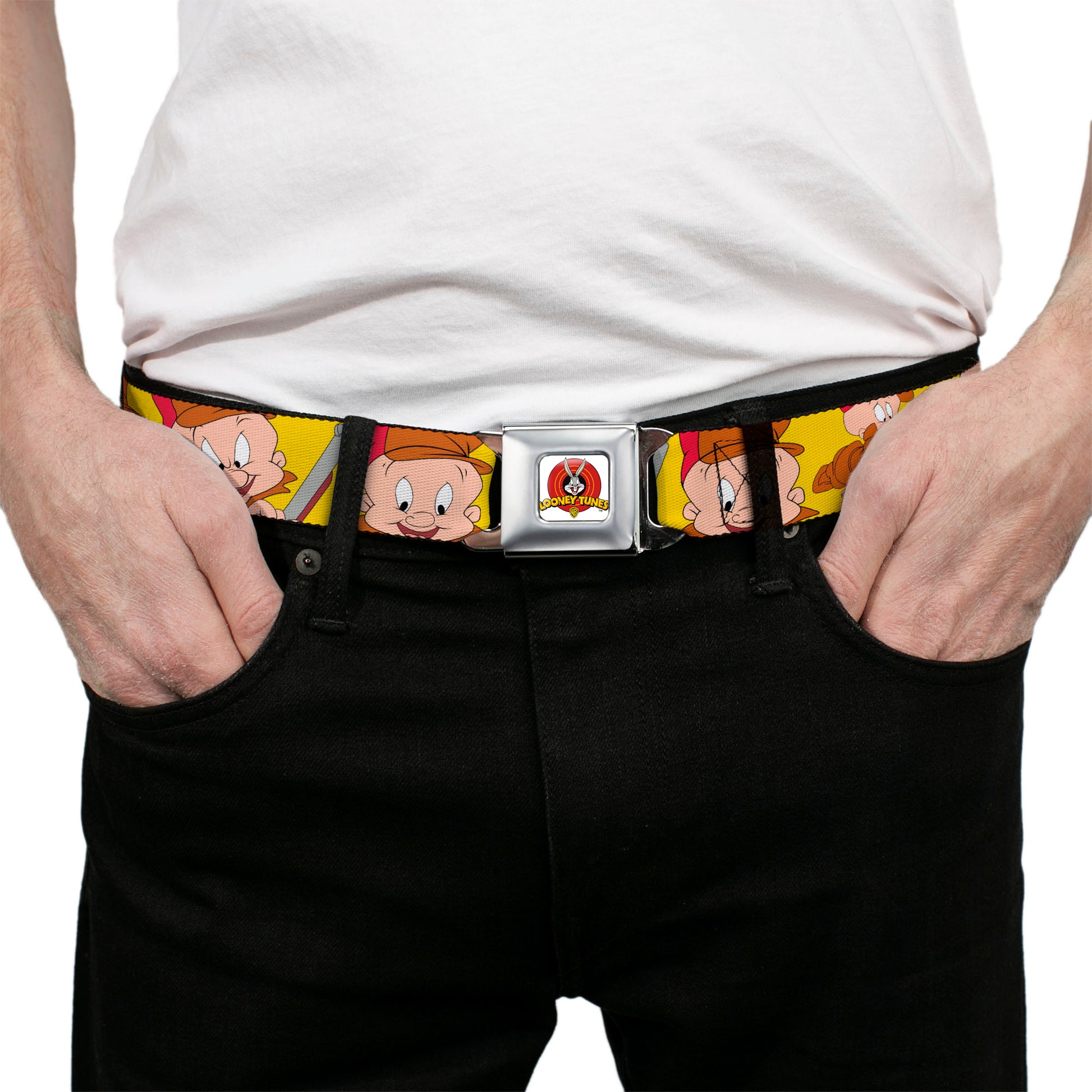 Looney Tunes Logo Full Color White Seatbelt Belt - Elmer Fudd Expressions Yellow Webbing Seatbelt Belts Looney Tunes