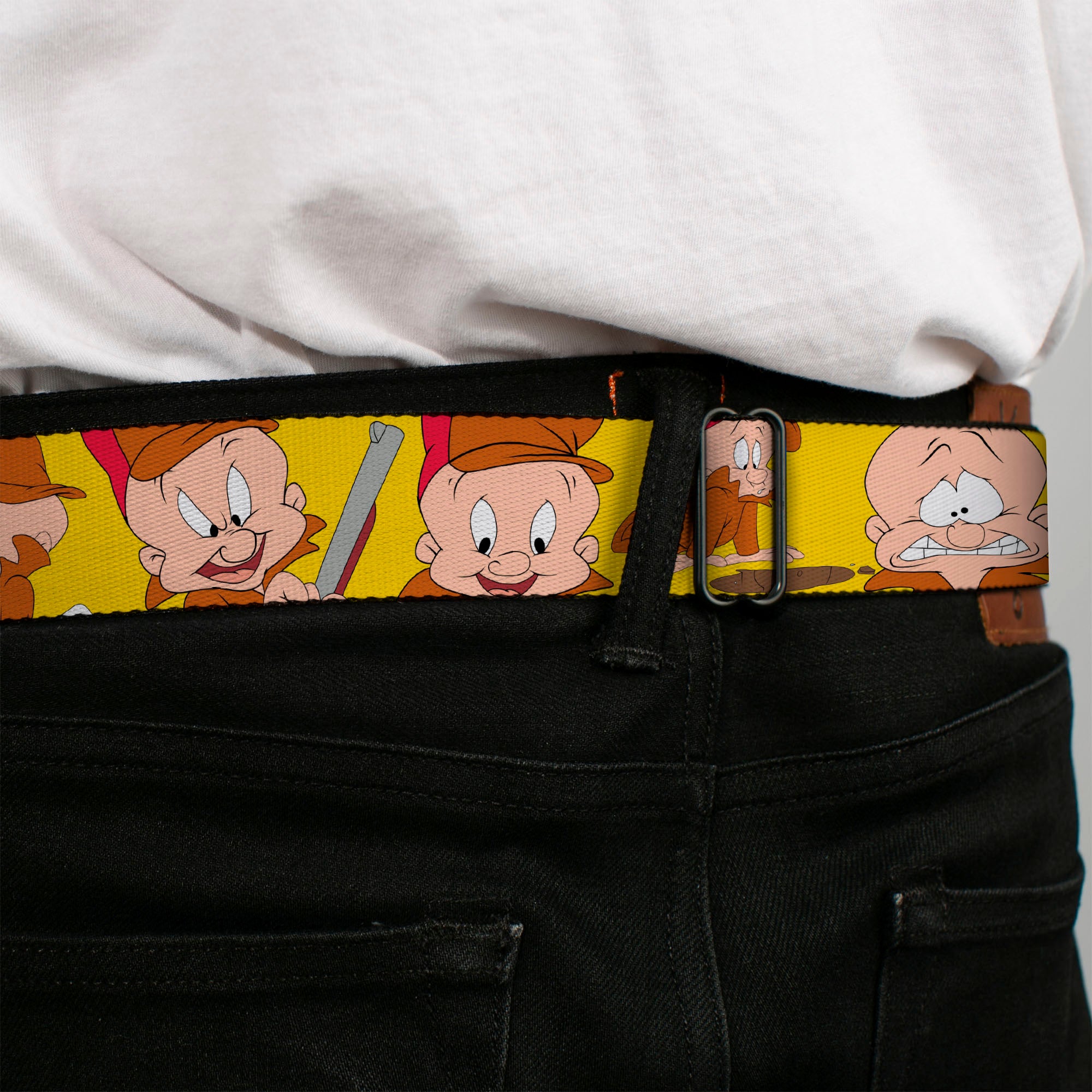 Looney Tunes Logo Full Color White Seatbelt Belt - Elmer Fudd Expressions Yellow Webbing Seatbelt Belts Looney Tunes