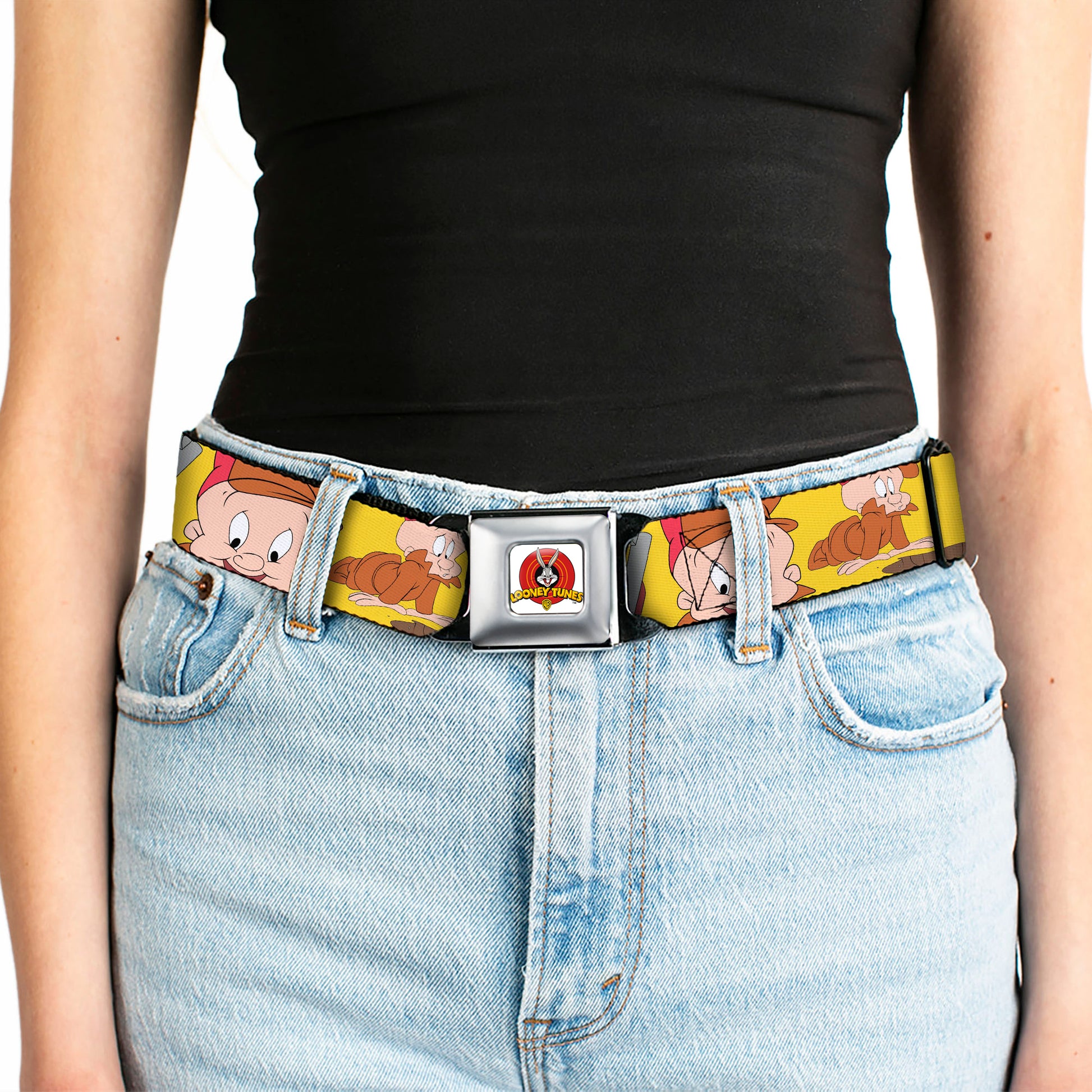 Looney Tunes Logo Full Color White Seatbelt Belt - Elmer Fudd Expressions Yellow Webbing Seatbelt Belts Looney Tunes