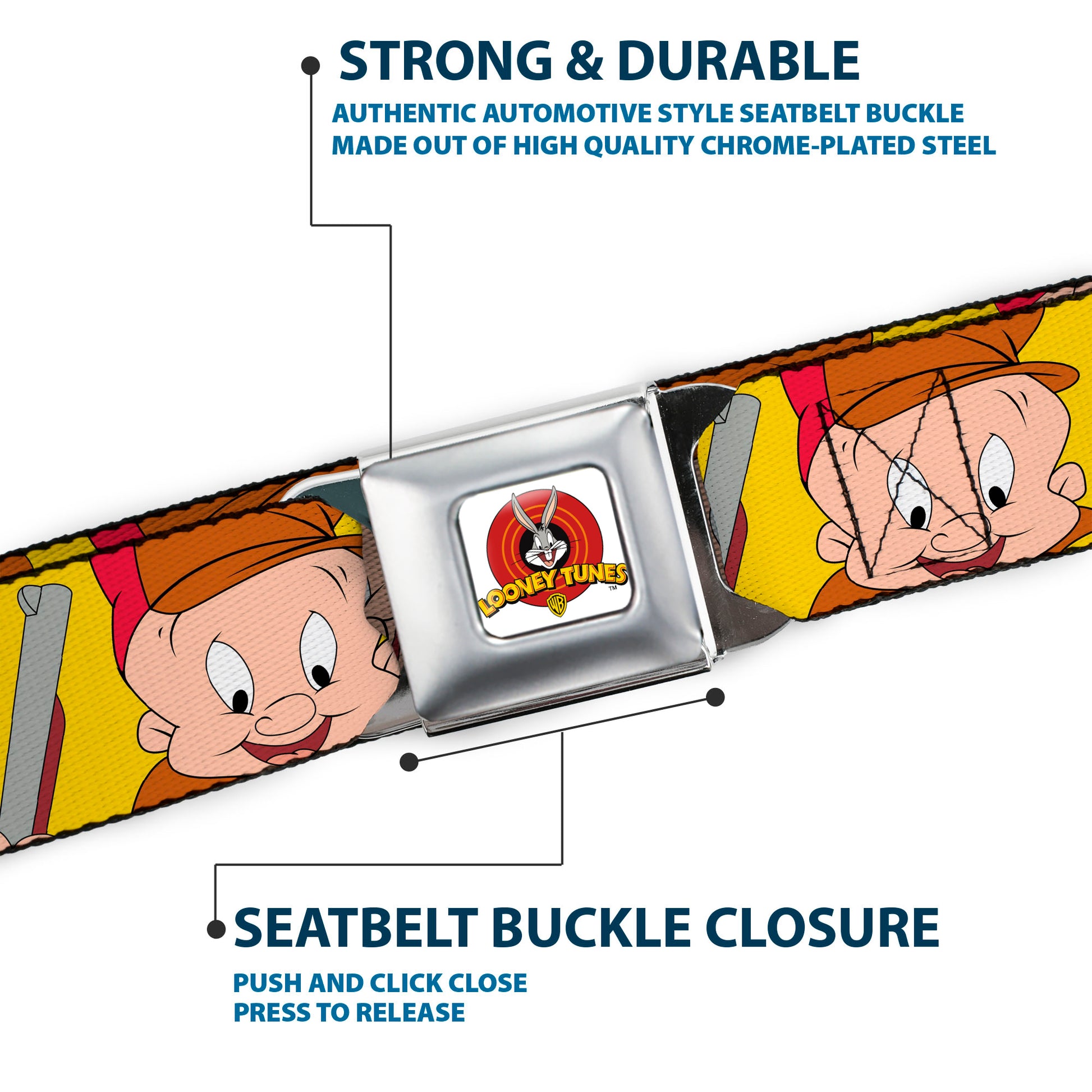 Looney Tunes Logo Full Color White Seatbelt Belt - Elmer Fudd Expressions Yellow Webbing Seatbelt Belts Looney Tunes