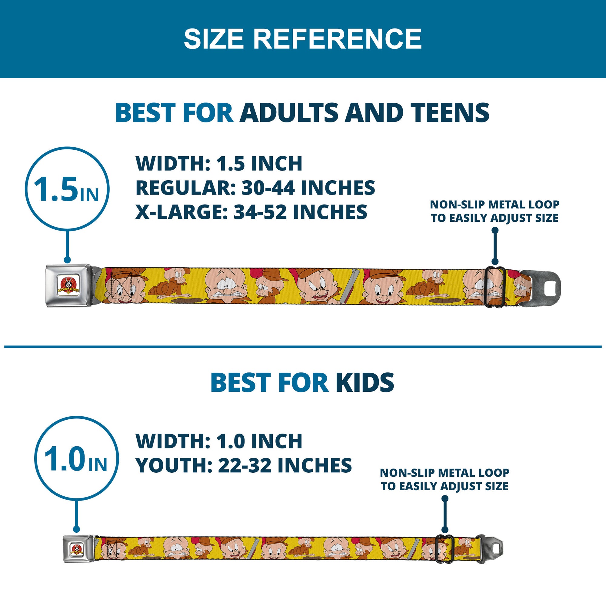 Looney Tunes Logo Full Color White Seatbelt Belt - Elmer Fudd Expressions Yellow Webbing Seatbelt Belts Looney Tunes