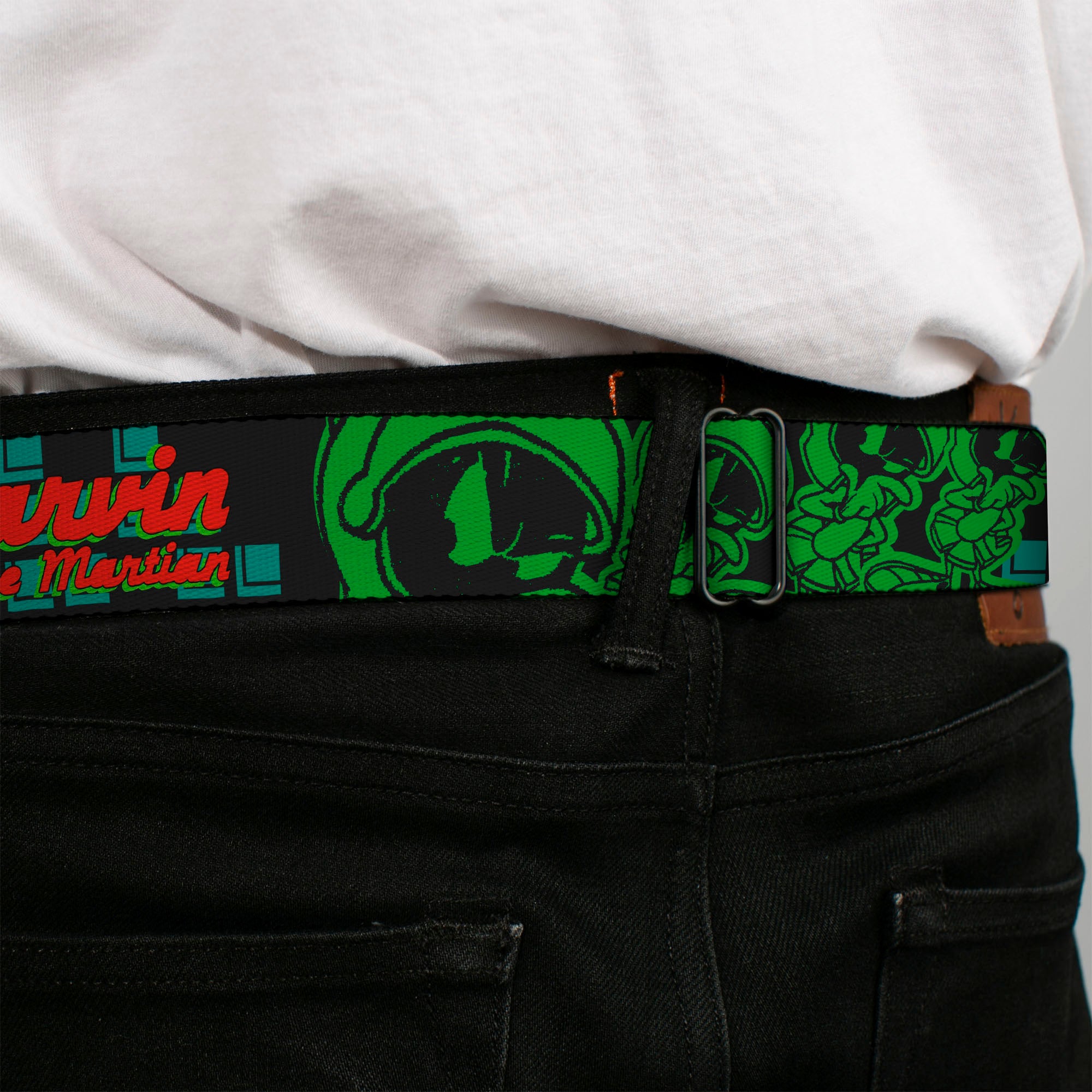 Looney Tunes Logo Full Color White Seatbelt Belt - MARVIN THE MARTIAN w/Poses Black/Turquoise Webbing Seatbelt Belts Looney Tunes
