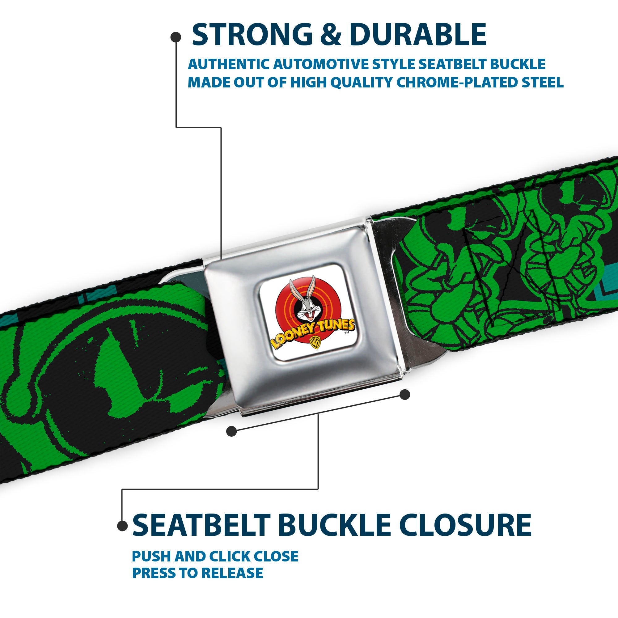 Looney Tunes Logo Full Color White Seatbelt Belt - MARVIN THE MARTIAN w/Poses Black/Turquoise Webbing Seatbelt Belts Looney Tunes