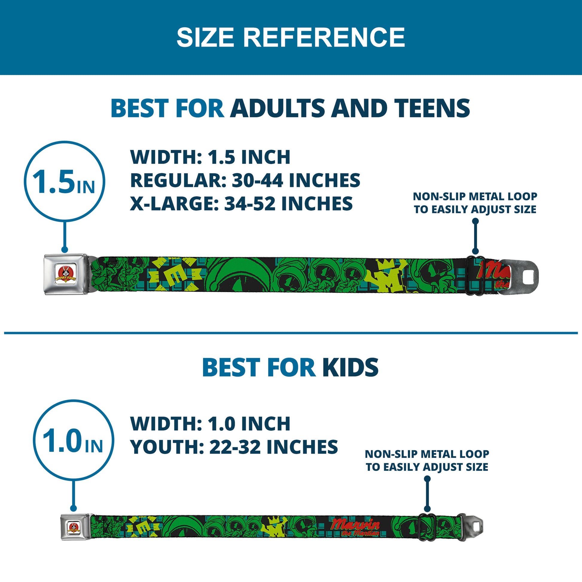 Looney Tunes Logo Full Color White Seatbelt Belt - MARVIN THE MARTIAN w/Poses Black/Turquoise Webbing Seatbelt Belts Looney Tunes