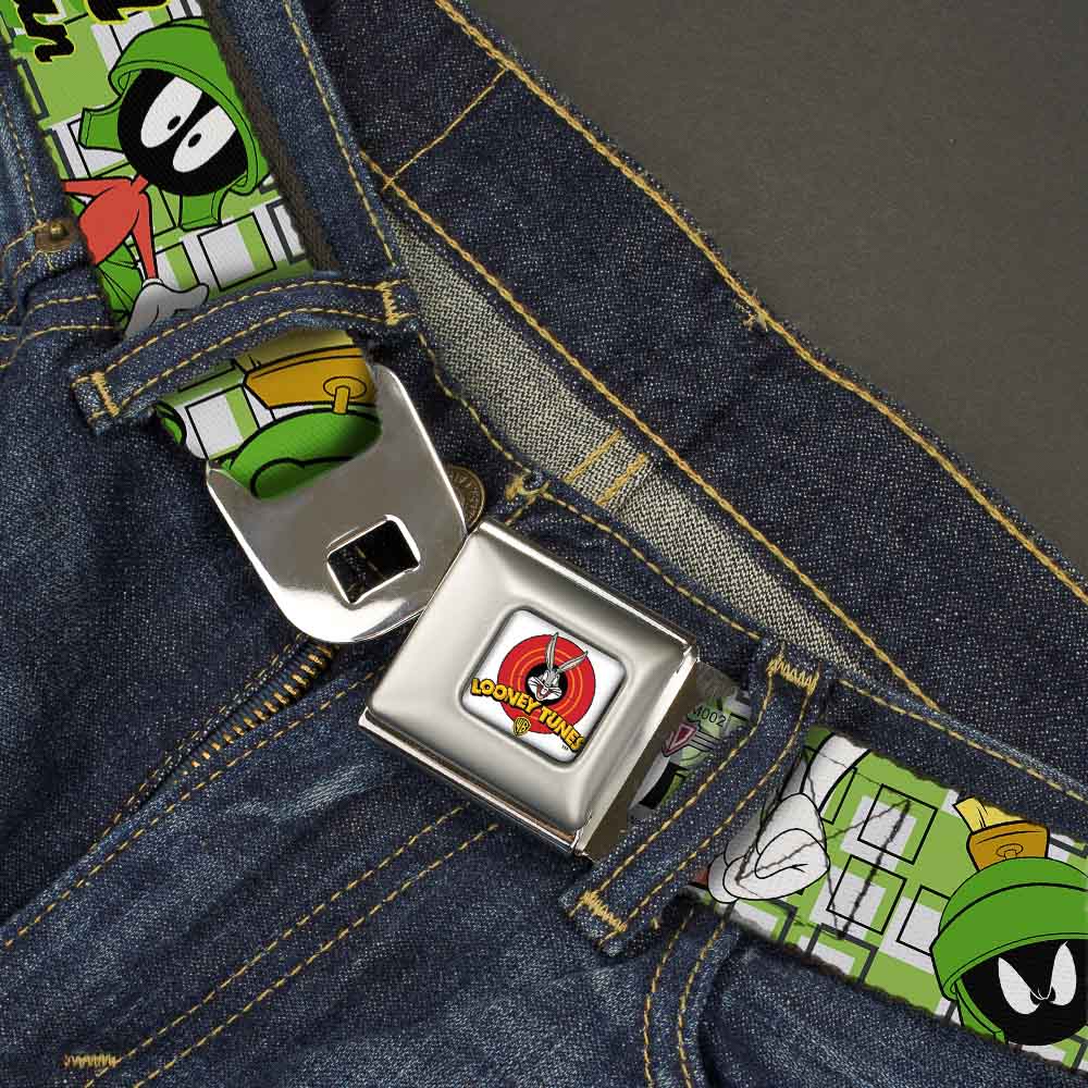 Looney Tunes Logo Full Color White Seatbelt Belt - MARVIN THE MARTIAN w/Poses White/Green Webbing Seatbelt Belts Looney Tunes