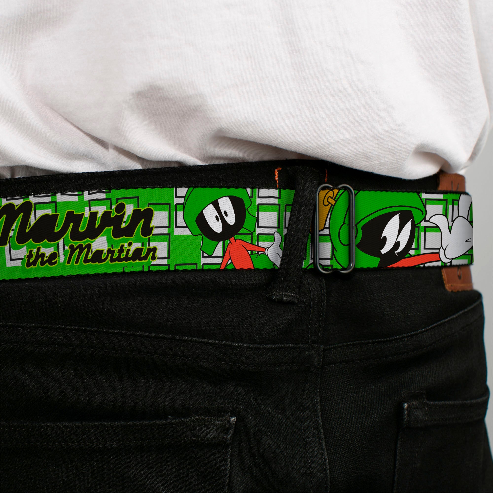 Looney Tunes Logo Full Color White Seatbelt Belt - MARVIN THE MARTIAN w/Poses White/Green Webbing Seatbelt Belts Looney Tunes