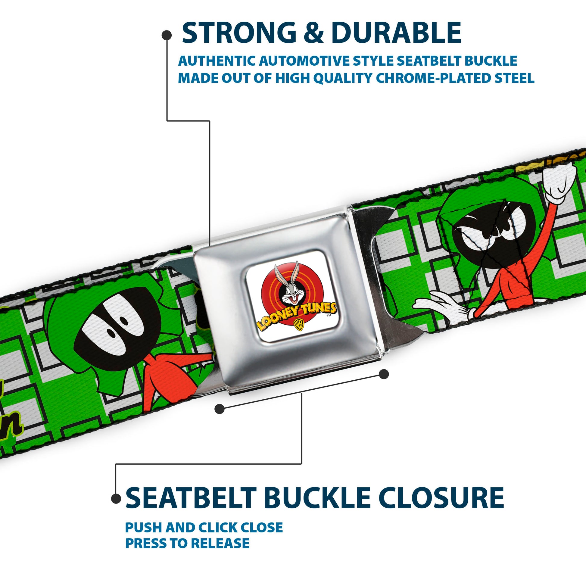 Looney Tunes Logo Full Color White Seatbelt Belt - MARVIN THE MARTIAN w/Poses White/Green Webbing Seatbelt Belts Looney Tunes