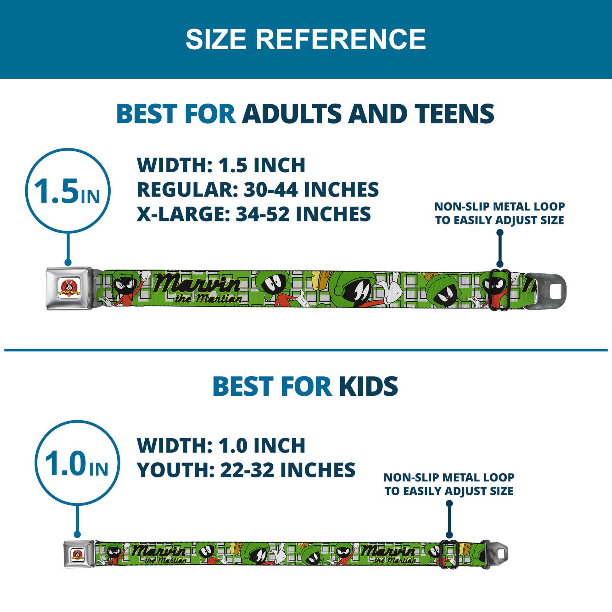 Looney Tunes Logo Full Color White Seatbelt Belt - MARVIN THE MARTIAN w/Poses White/Green Webbing Seatbelt Belts Looney Tunes