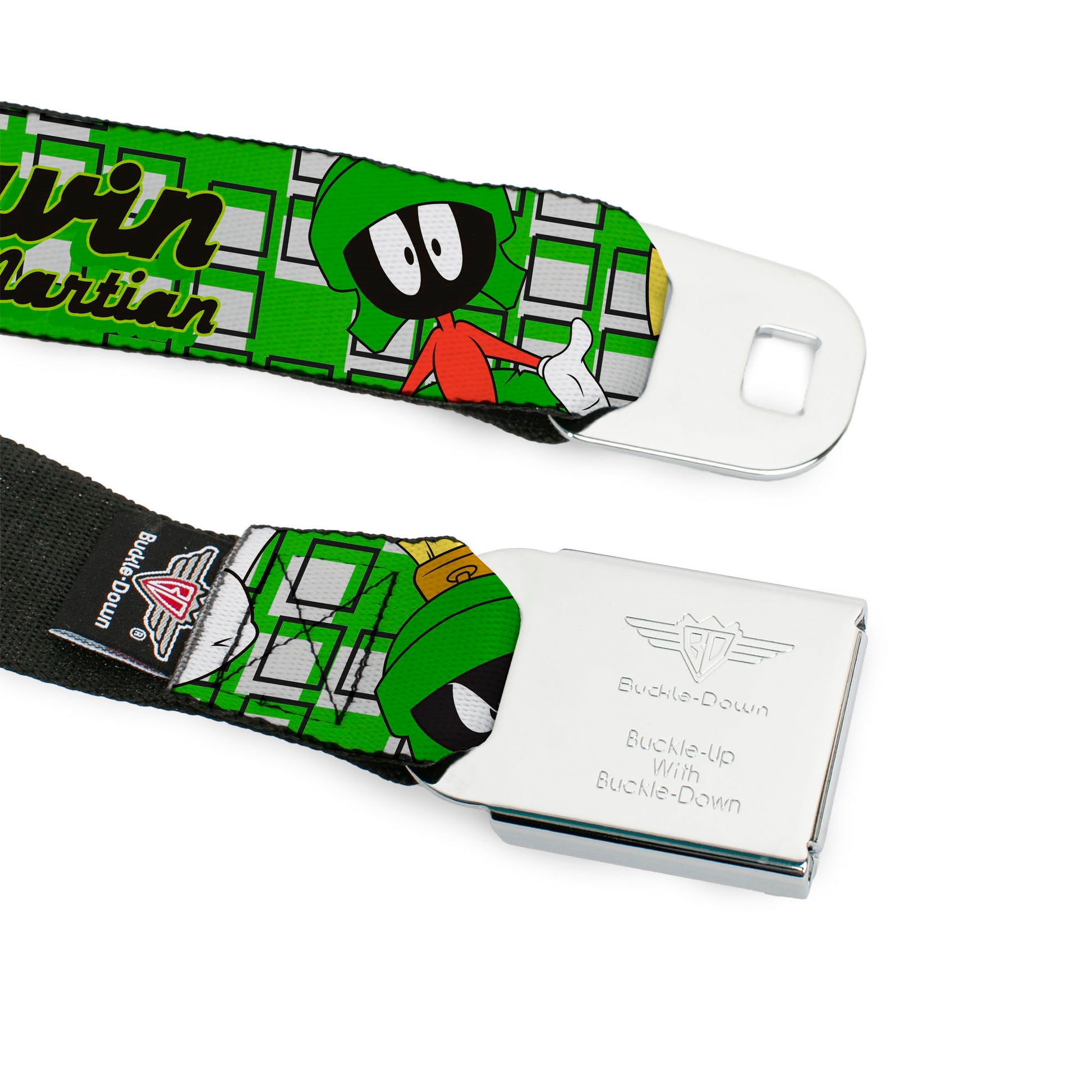 Looney Tunes Logo Full Color White Seatbelt Belt - MARVIN THE MARTIAN w/Poses White/Green Webbing Seatbelt Belts Looney Tunes