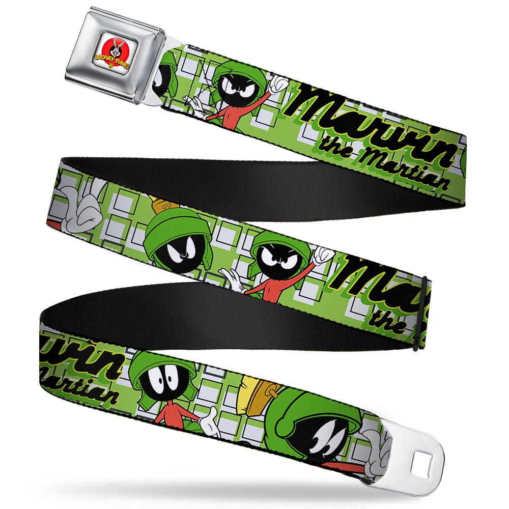 Looney Tunes Logo Full Color White Seatbelt Belt - MARVIN THE MARTIAN w/Poses White/Green Webbing Seatbelt Belts Looney Tunes
