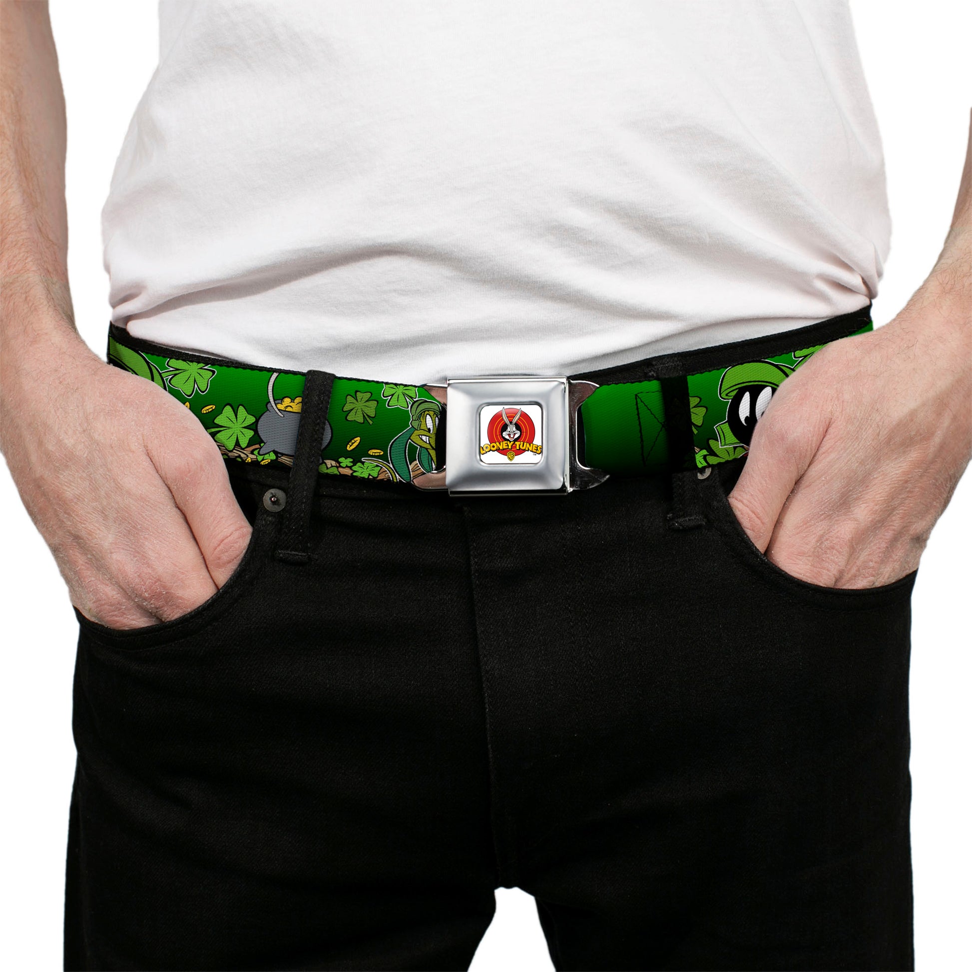 Looney Tunes Logo Full Color White Seatbelt Belt - Marvin the Martian & K-9 Poses/Clovers Greens Webbing Seatbelt Belts Looney Tunes