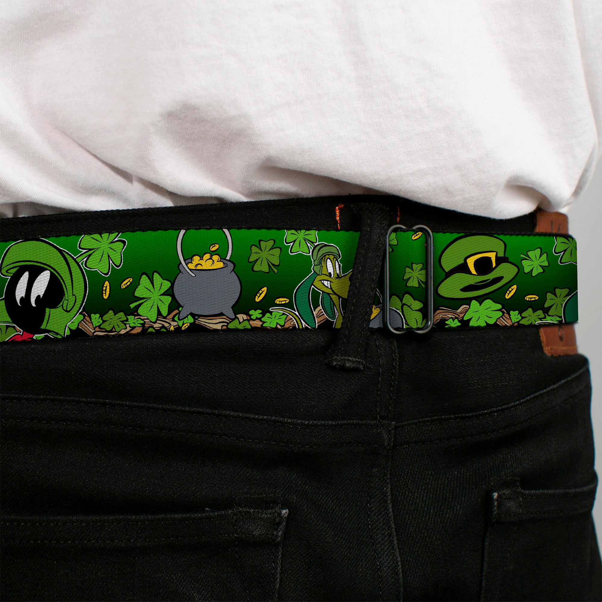 Looney Tunes Logo Full Color White Seatbelt Belt - Marvin the Martian & K-9 Poses/Clovers Greens Webbing Seatbelt Belts Looney Tunes