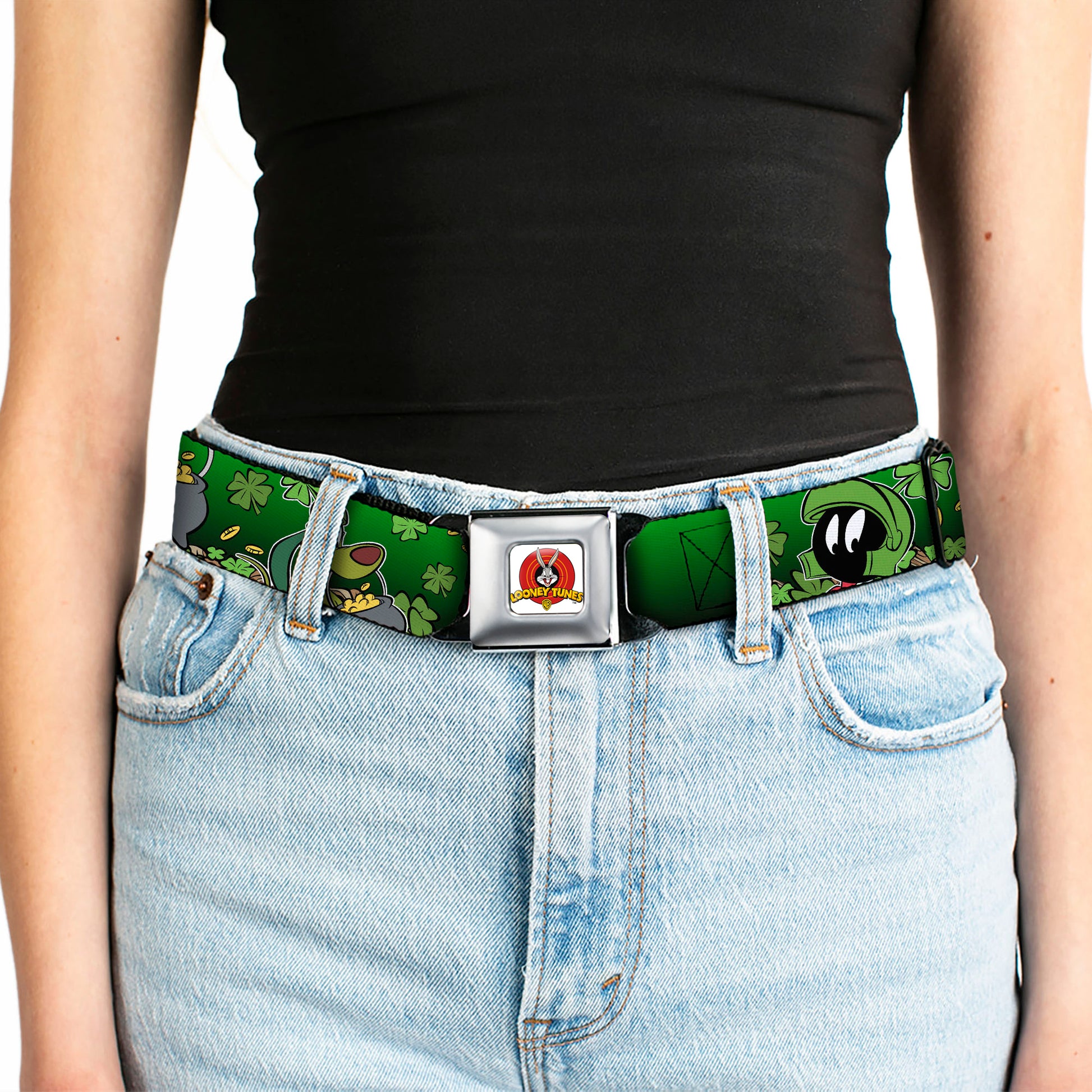 Looney Tunes Logo Full Color White Seatbelt Belt - Marvin the Martian & K-9 Poses/Clovers Greens Webbing Seatbelt Belts Looney Tunes