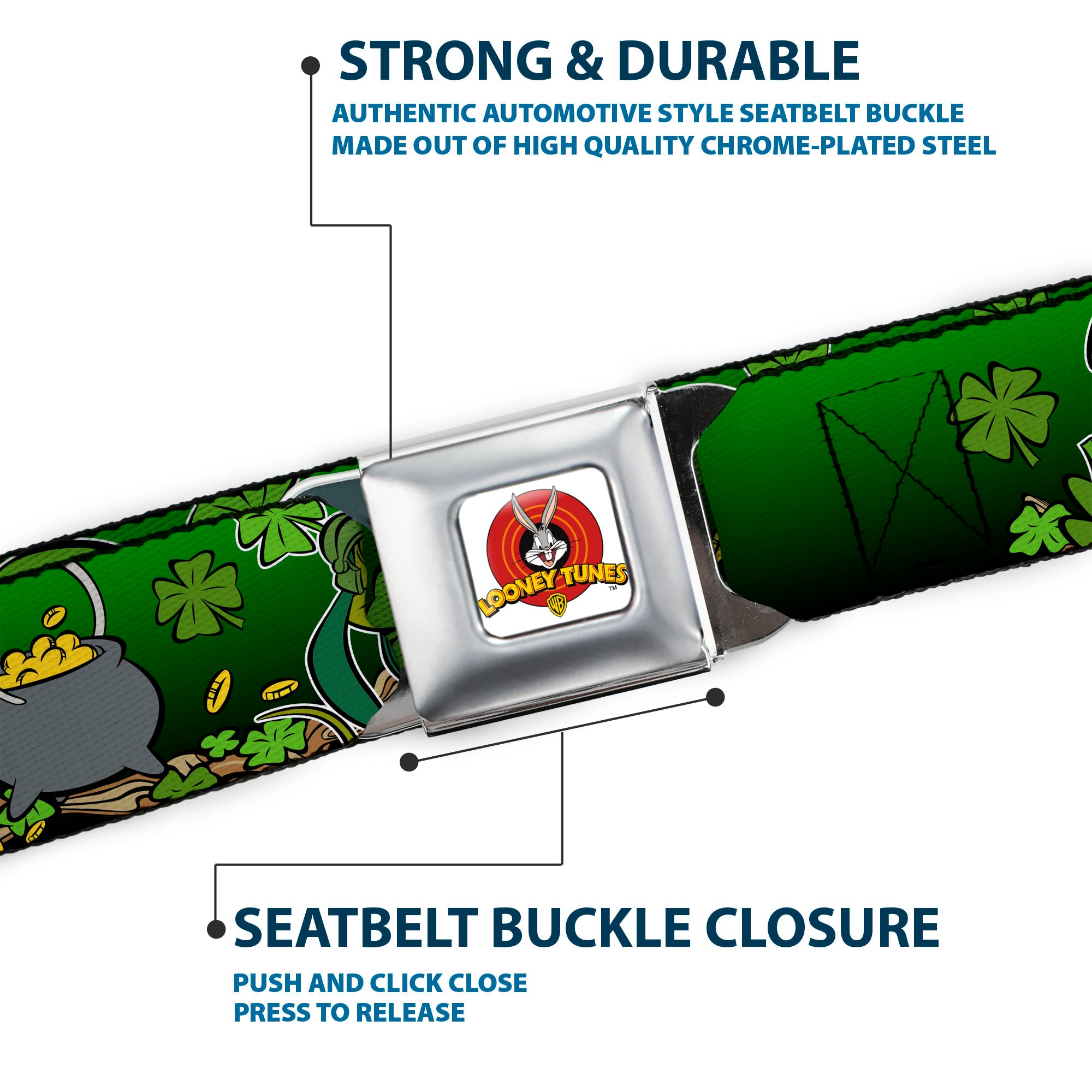 Looney Tunes Logo Full Color White Seatbelt Belt - Marvin the Martian & K-9 Poses/Clovers Greens Webbing Seatbelt Belts Looney Tunes