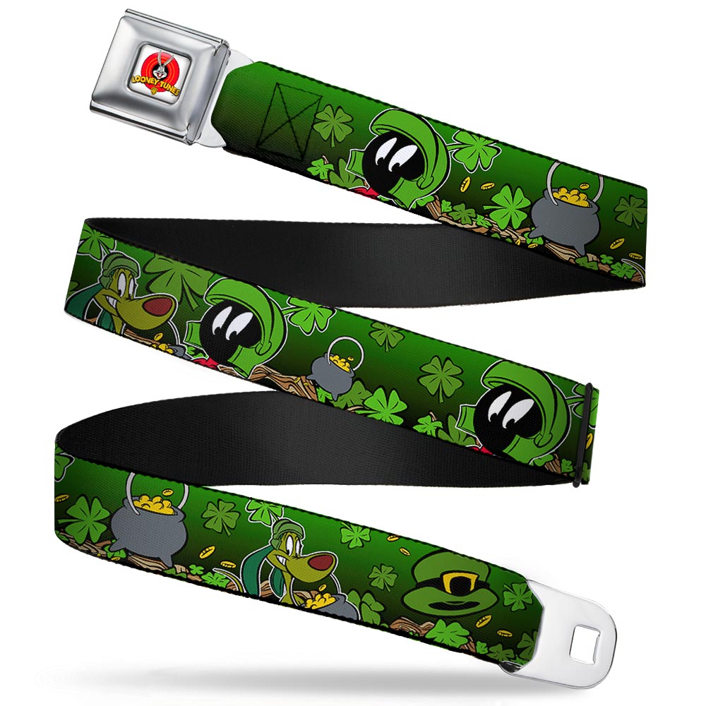 Looney Tunes Logo Full Color White Seatbelt Belt - Marvin the Martian & K-9 Poses/Clovers Greens Webbing Seatbelt Belts Looney Tunes