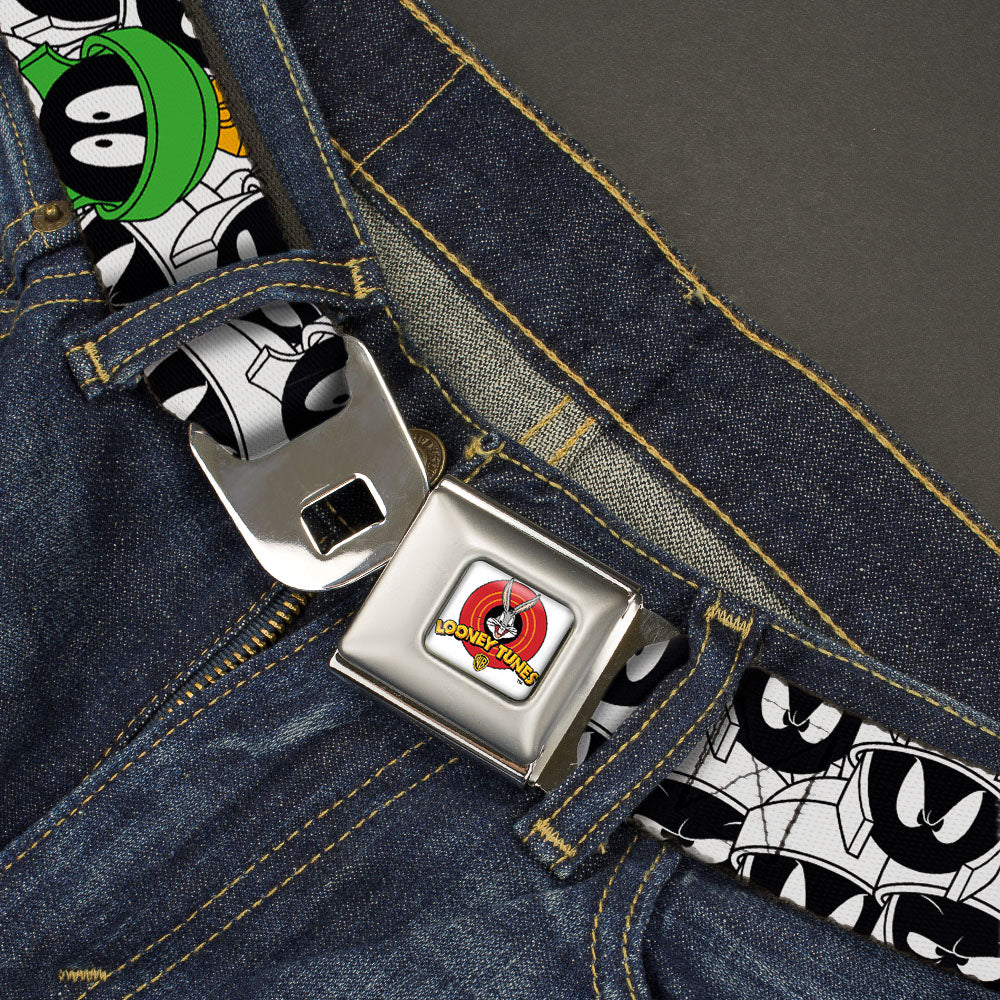 Looney Tunes Logo Full Color White Seatbelt Belt - Marvin the Martian Expressions Stacked White/Black/Green/Gold Webbing Seatbelt Belts Looney Tunes