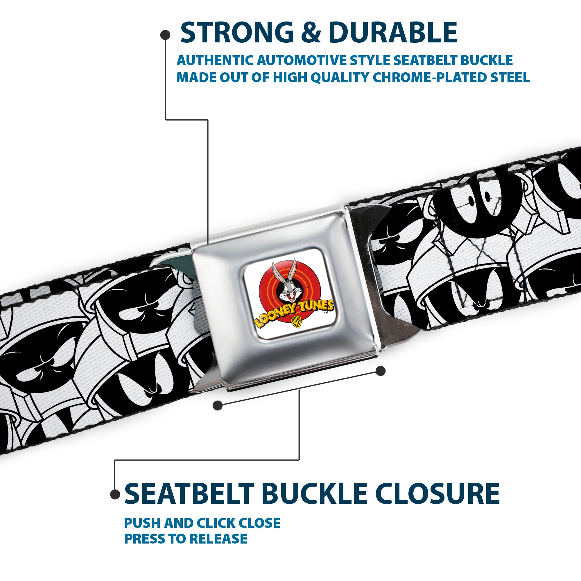 Looney Tunes Logo Full Color White Seatbelt Belt - Marvin the Martian Expressions Stacked White/Black/Green/Gold Webbing Seatbelt Belts Looney Tunes
