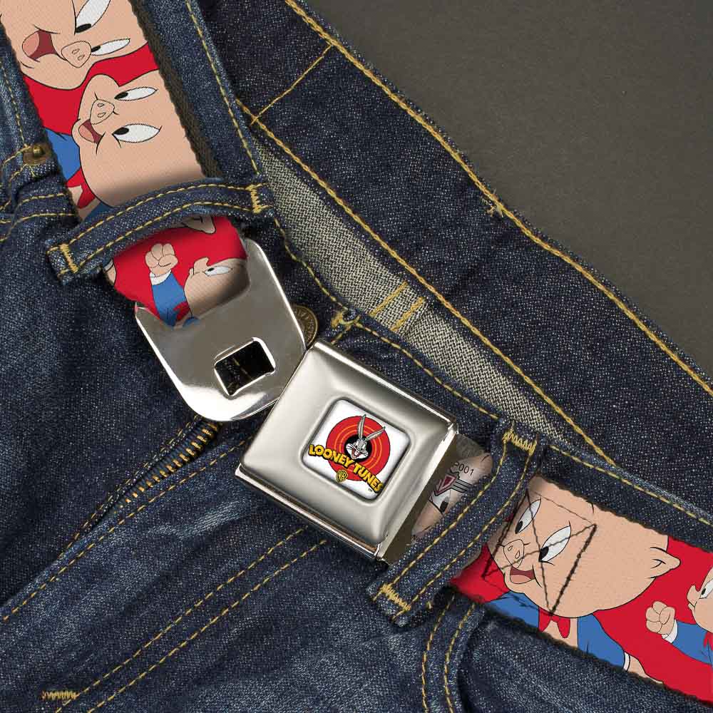 Looney Tunes Logo Full Color White Seatbelt Belt - Porky Pig Expressions Red Webbing Seatbelt Belts Looney Tunes