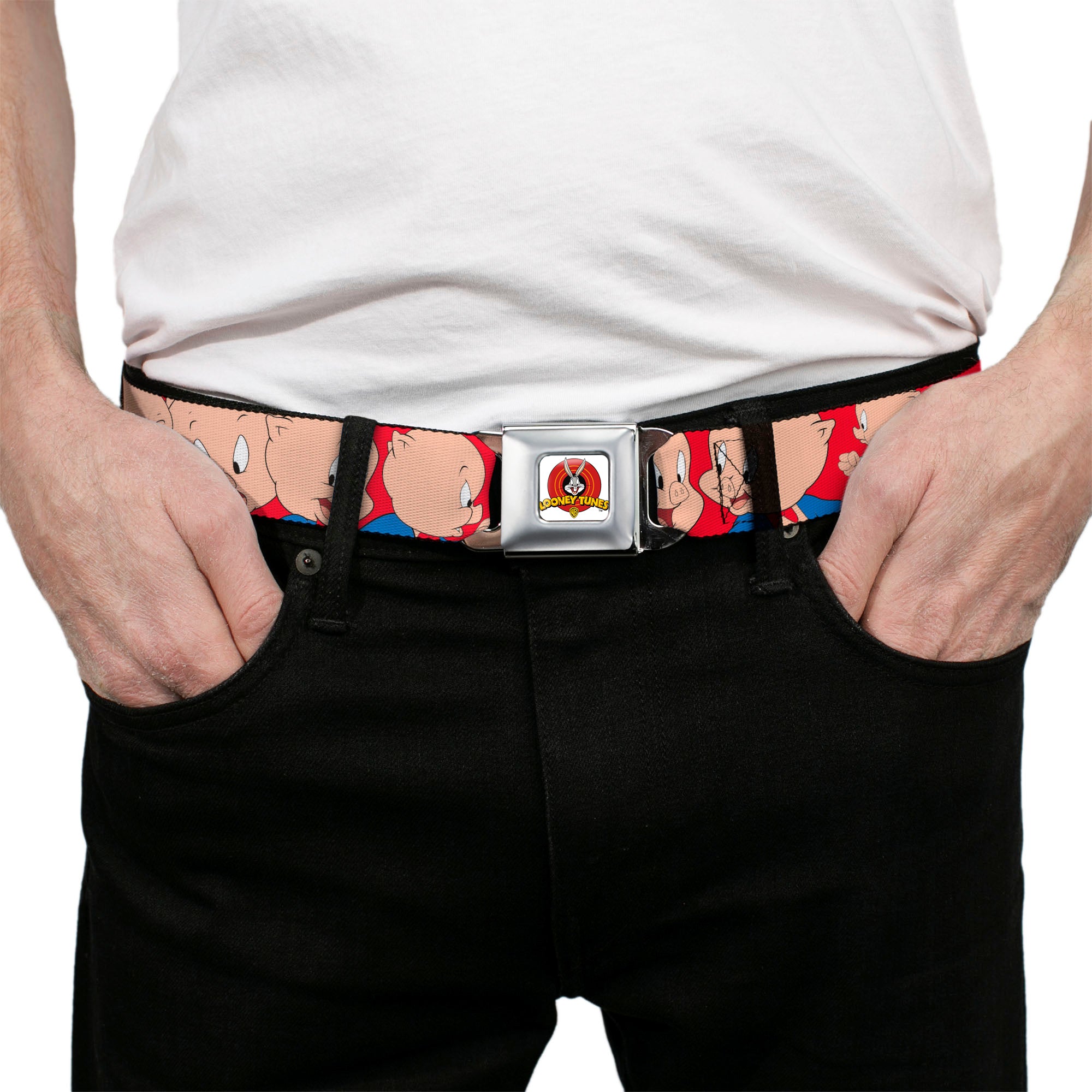 Looney Tunes Logo Full Color White Seatbelt Belt - Porky Pig Expressions Red Webbing Seatbelt Belts Looney Tunes