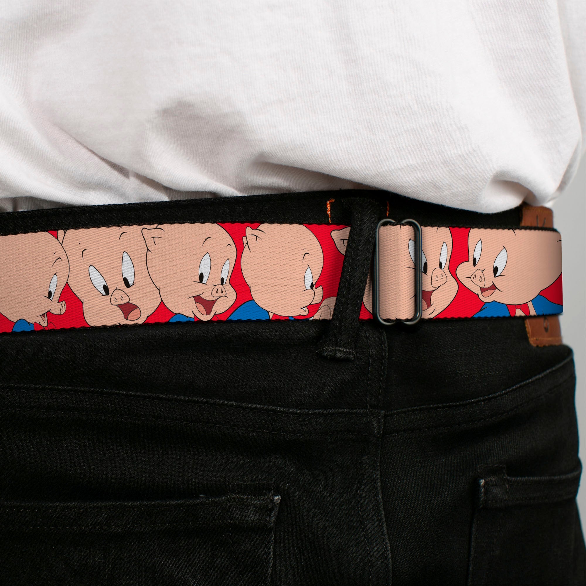 Looney Tunes Logo Full Color White Seatbelt Belt - Porky Pig Expressions Red Webbing Seatbelt Belts Looney Tunes