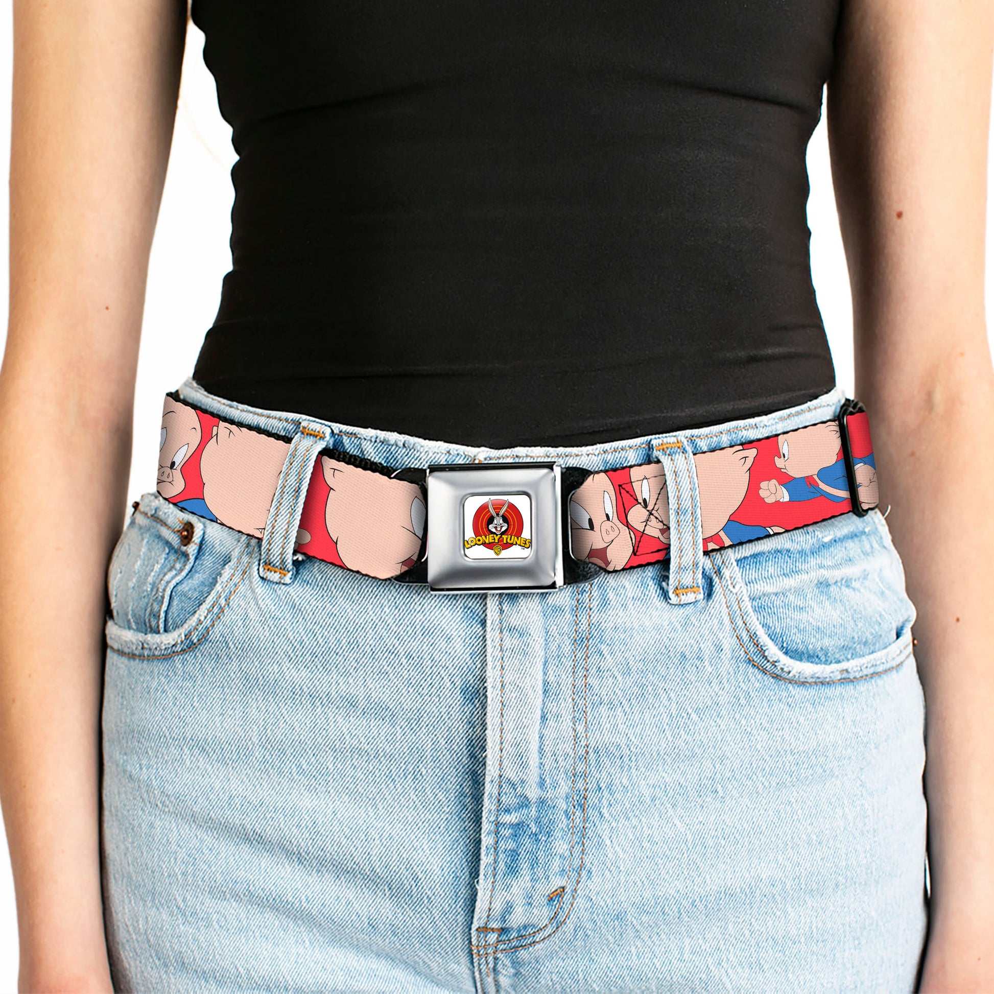 Looney Tunes Logo Full Color White Seatbelt Belt - Porky Pig Expressions Red Webbing Seatbelt Belts Looney Tunes
