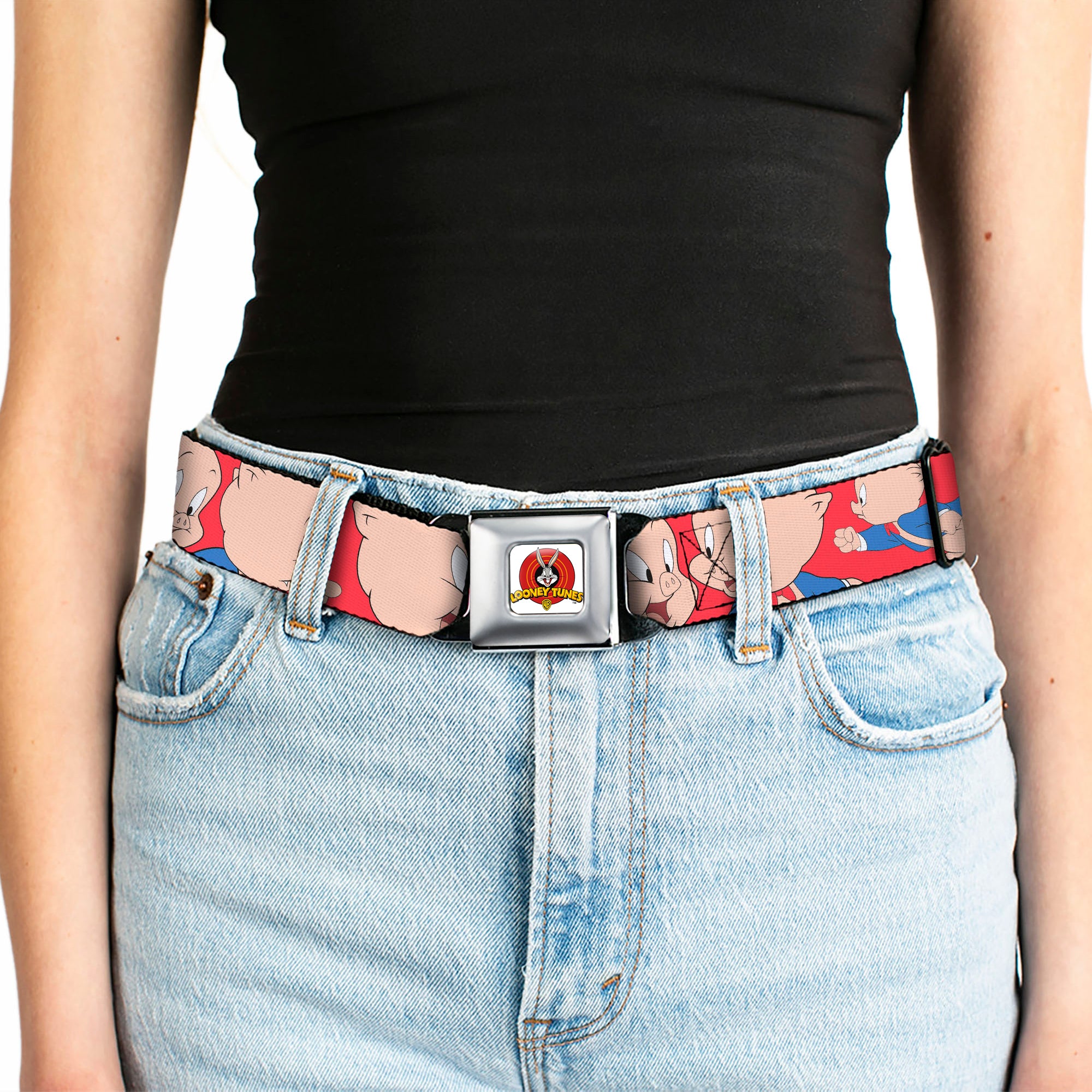 Looney Tunes Logo Full Color White Seatbelt Belt - Porky Pig Expressions Red Webbing Seatbelt Belts Looney Tunes