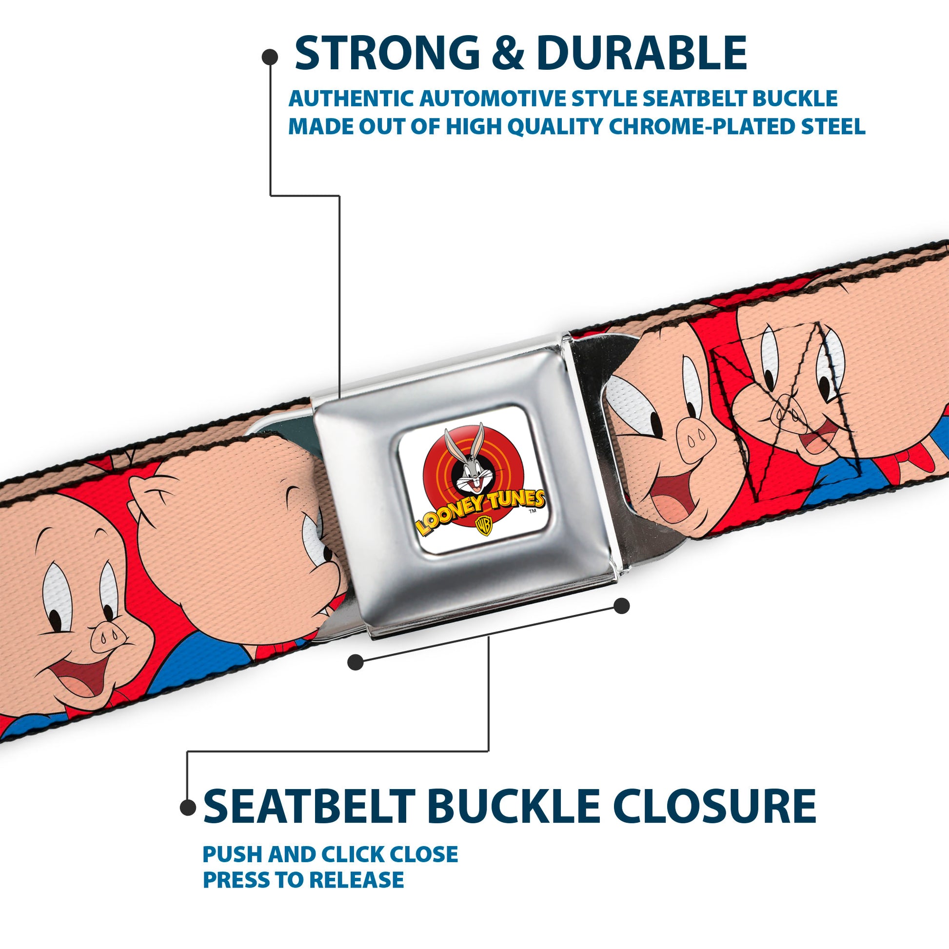 Looney Tunes Logo Full Color White Seatbelt Belt - Porky Pig Expressions Red Webbing Seatbelt Belts Looney Tunes