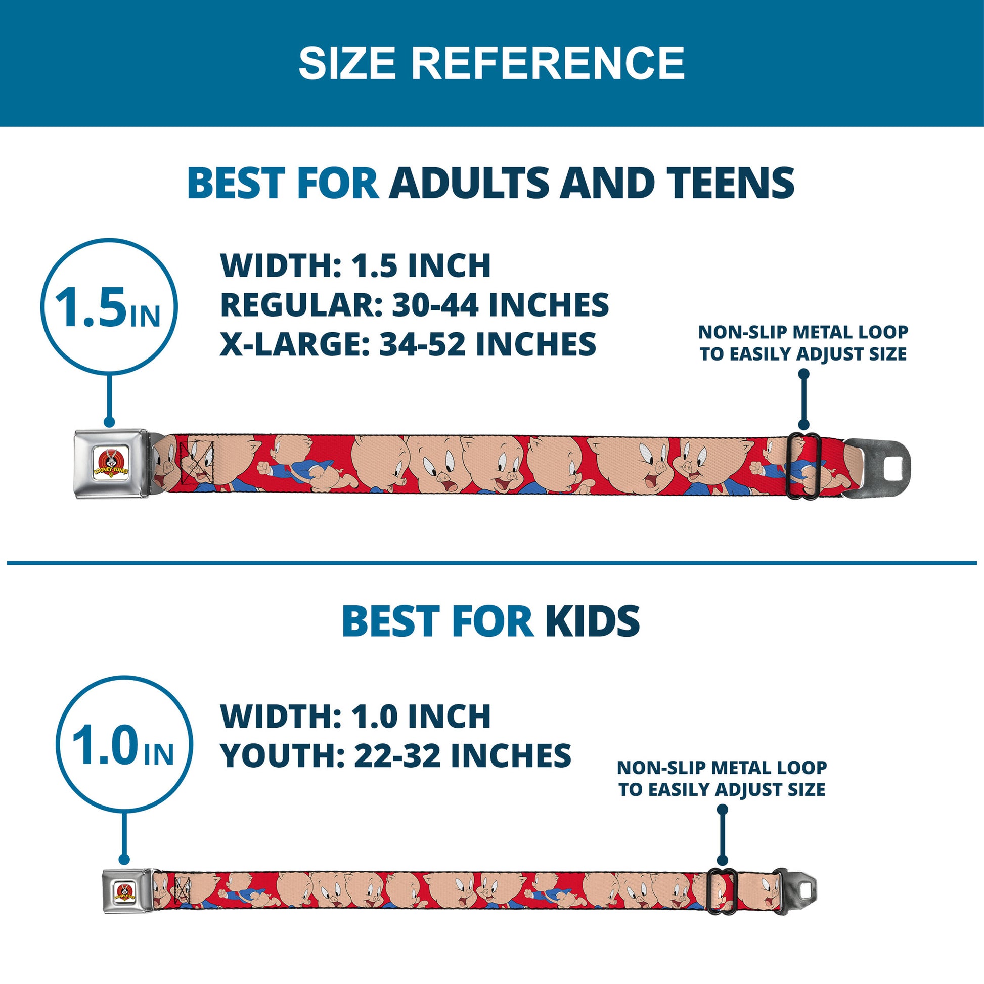 Looney Tunes Logo Full Color White Seatbelt Belt - Porky Pig Expressions Red Webbing Seatbelt Belts Looney Tunes