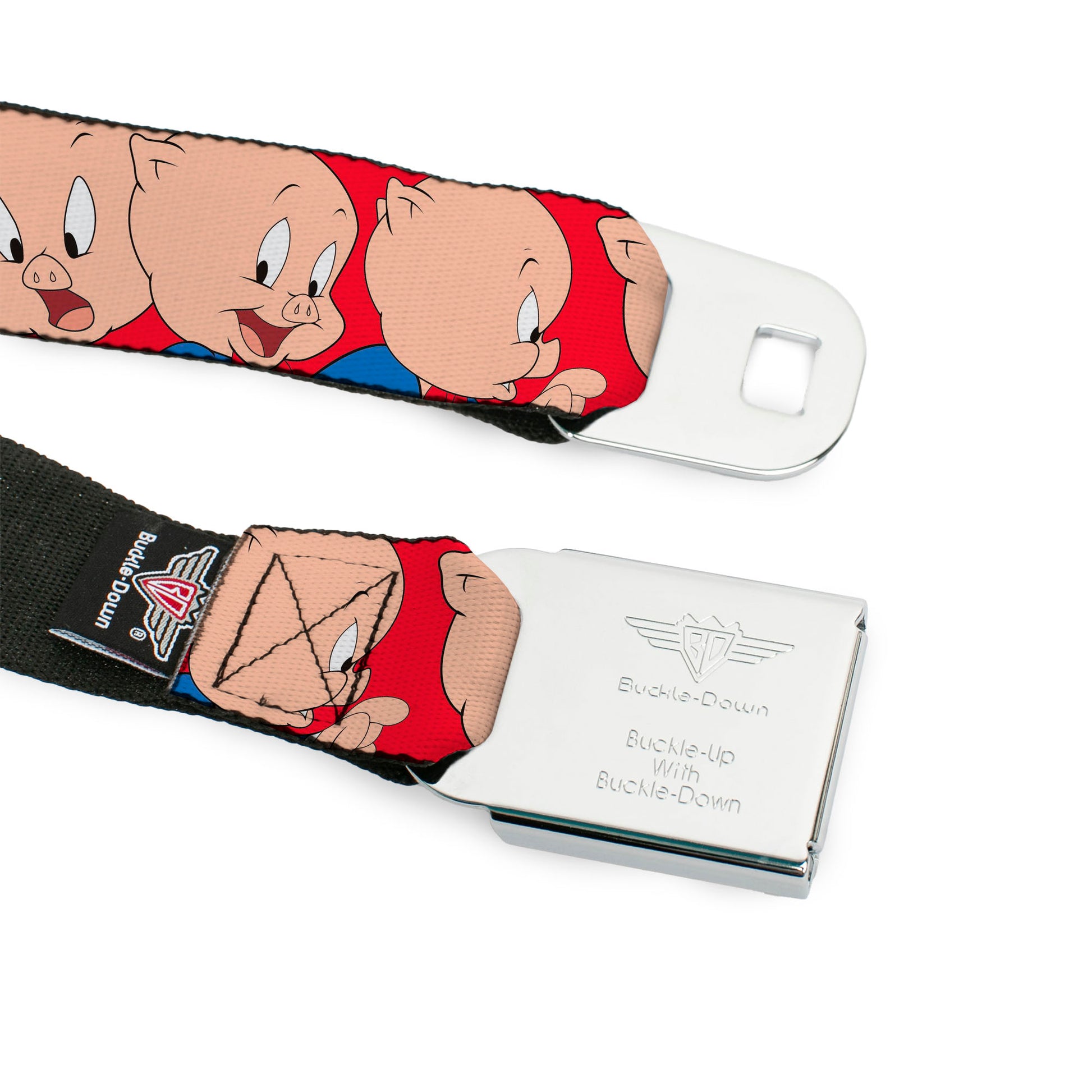 Looney Tunes Logo Full Color White Seatbelt Belt - Porky Pig Expressions Red Webbing Seatbelt Belts Looney Tunes