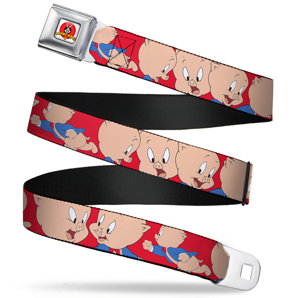 Looney Tunes Logo Full Color White Seatbelt Belt - Porky Pig Expressions Red Webbing Seatbelt Belts Looney Tunes