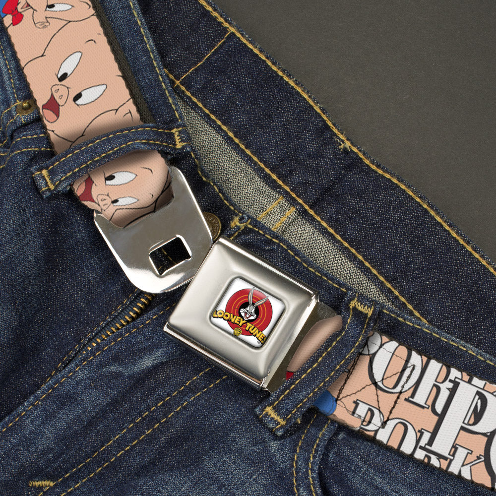 Looney Tunes Logo Full Color White Seatbelt Belt - PORKY PIG w/Poses Pink Webbing Seatbelt Belts Looney Tunes