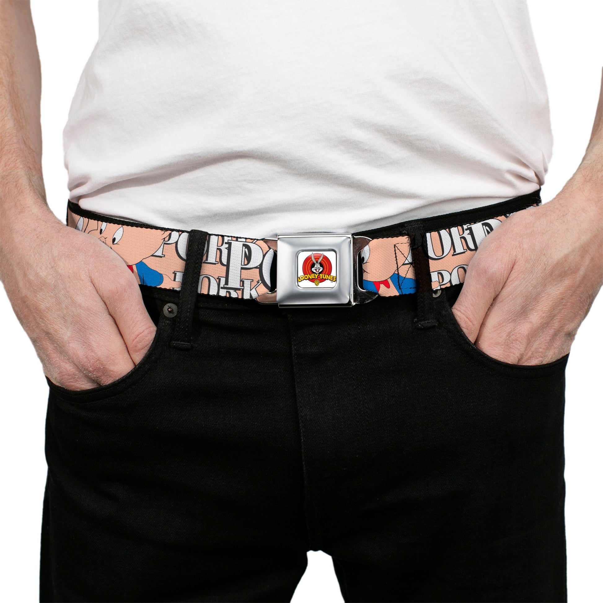 Looney Tunes Logo Full Color White Seatbelt Belt - PORKY PIG w/Poses Pink Webbing Seatbelt Belts Looney Tunes