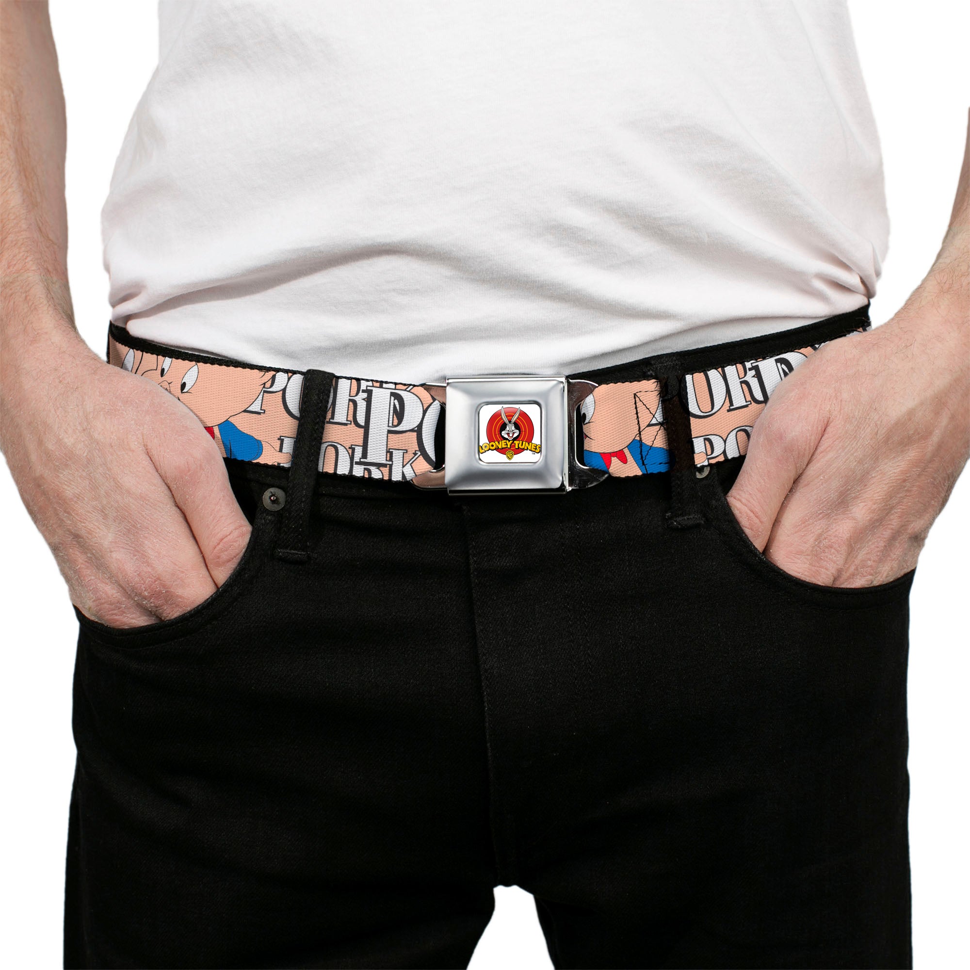 Looney Tunes Logo Full Color White Seatbelt Belt - PORKY PIG w/Poses Pink Webbing Seatbelt Belts Looney Tunes