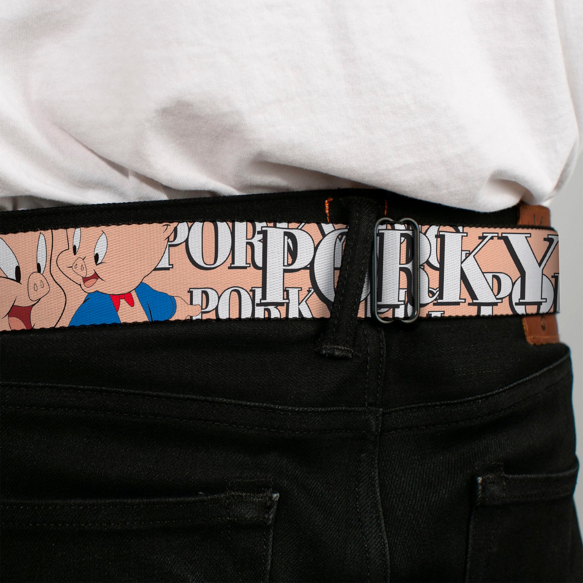 Looney Tunes Logo Full Color White Seatbelt Belt - PORKY PIG w/Poses Pink Webbing Seatbelt Belts Looney Tunes
