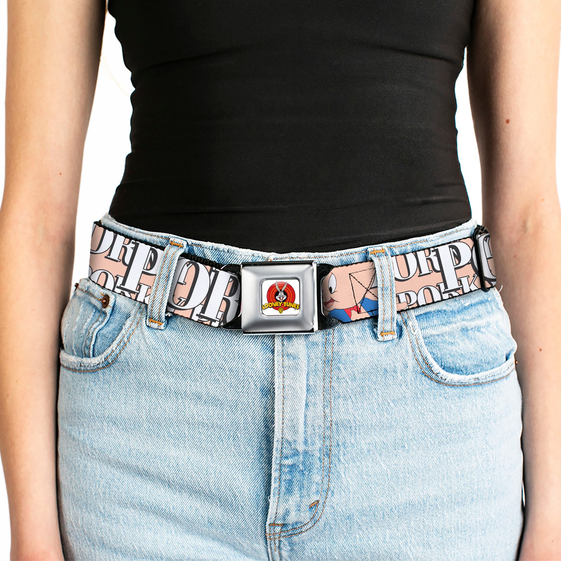 Looney Tunes Logo Full Color White Seatbelt Belt - PORKY PIG w/Poses Pink Webbing Seatbelt Belts Looney Tunes