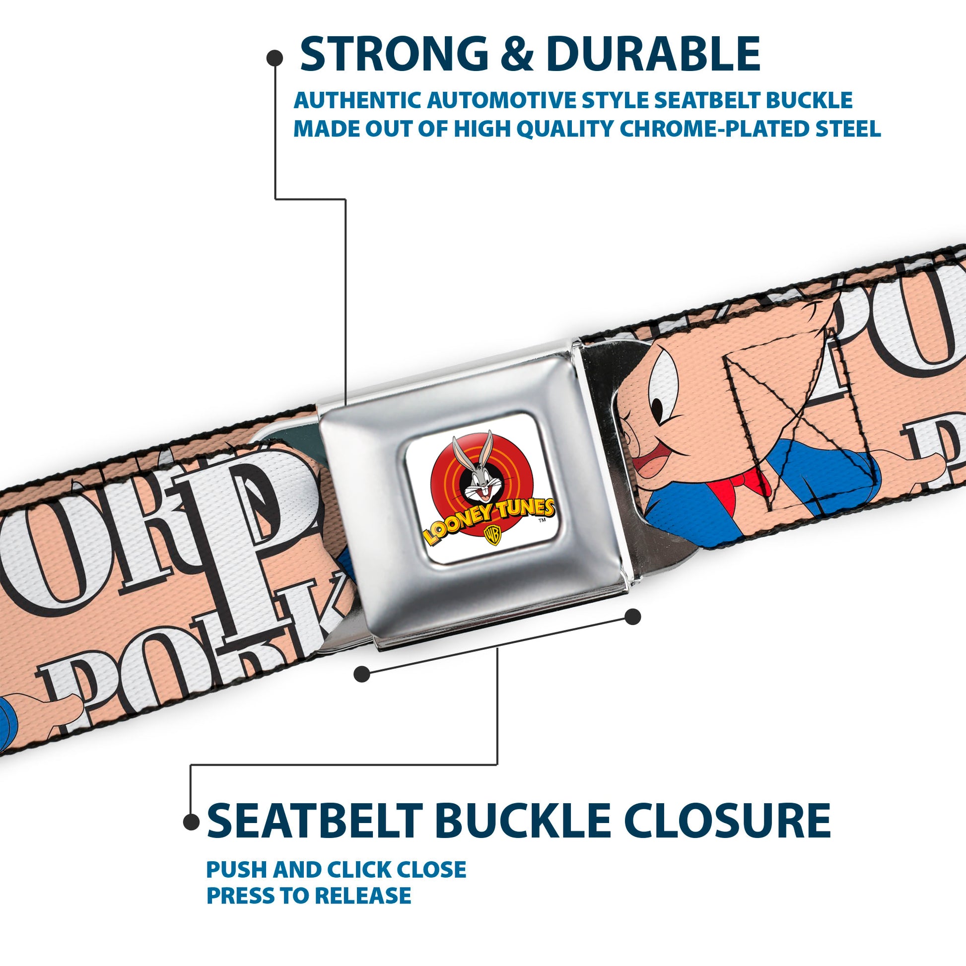 Looney Tunes Logo Full Color White Seatbelt Belt - PORKY PIG w/Poses Pink Webbing Seatbelt Belts Looney Tunes