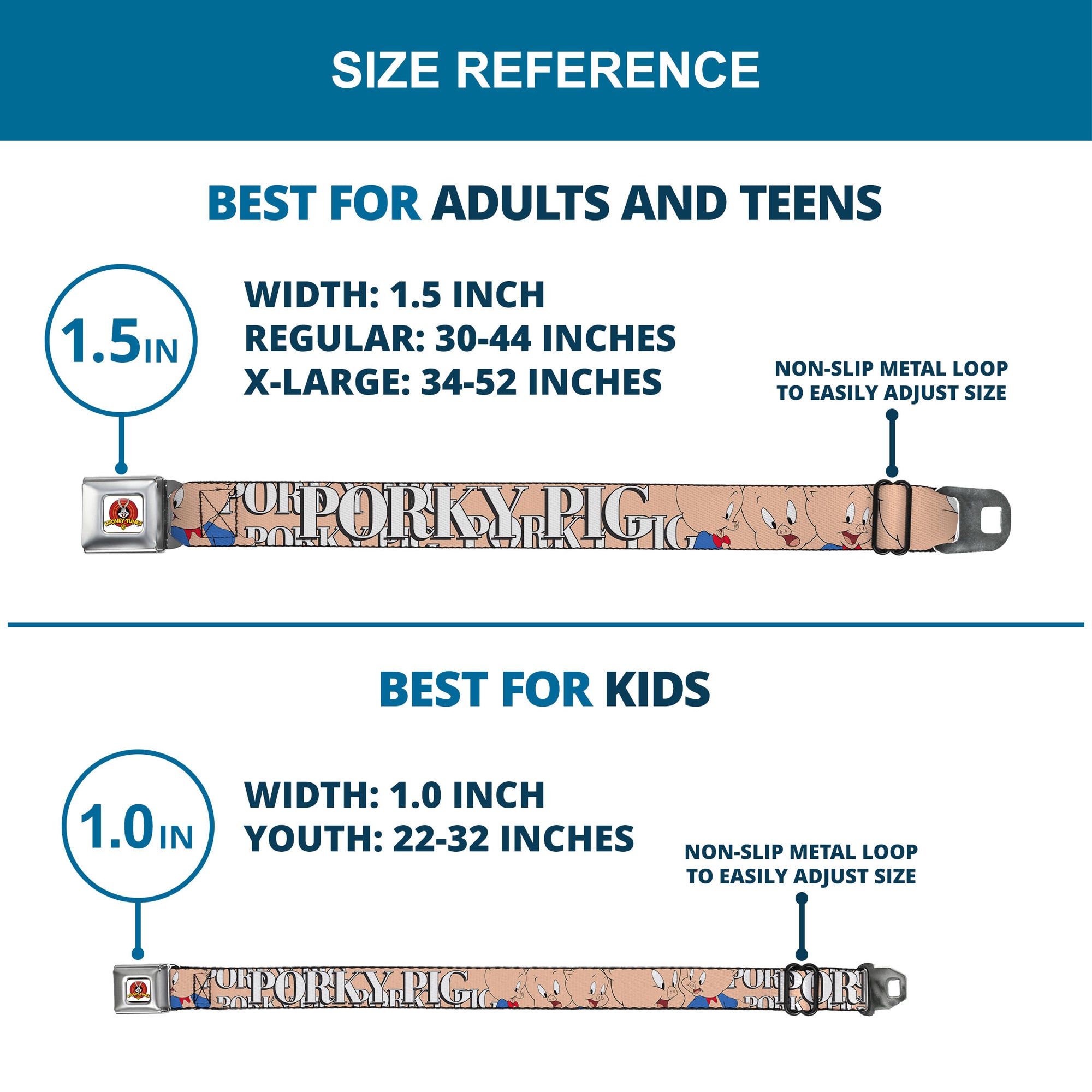 Looney Tunes Logo Full Color White Seatbelt Belt - PORKY PIG w/Poses Pink Webbing Seatbelt Belts Looney Tunes