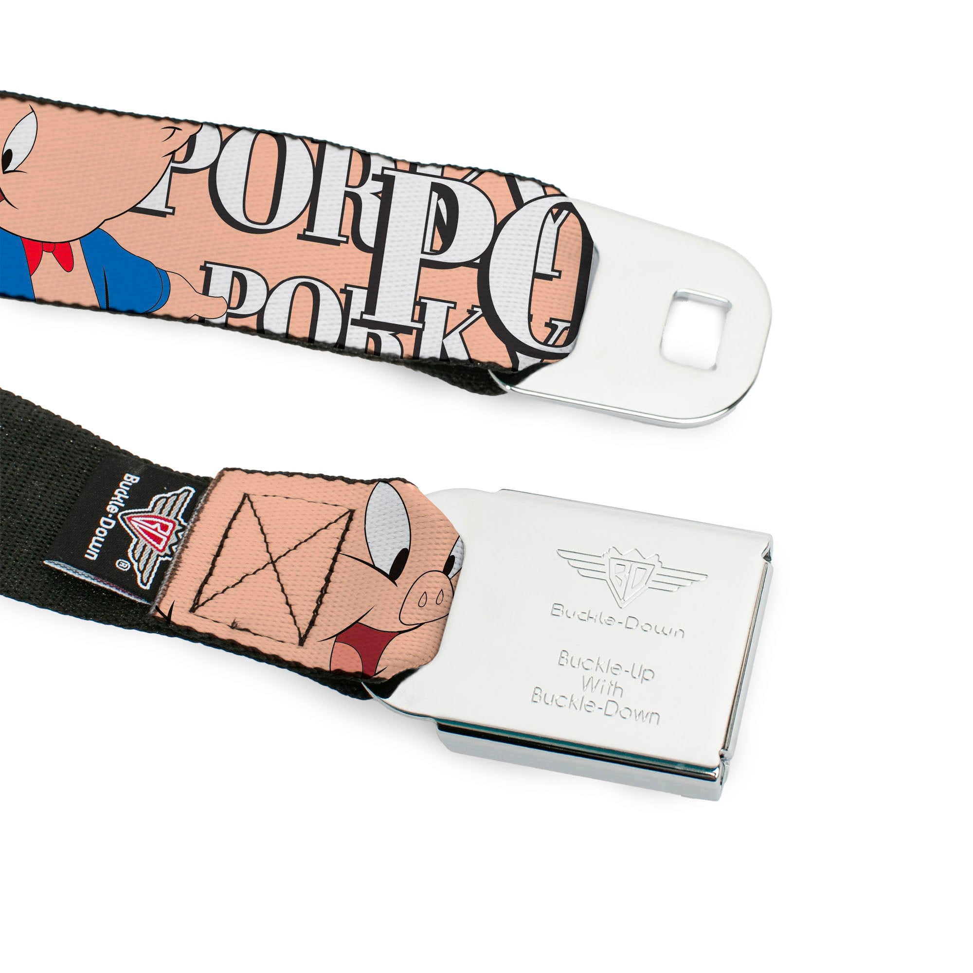Looney Tunes Logo Full Color White Seatbelt Belt - PORKY PIG w/Poses Pink Webbing Seatbelt Belts Looney Tunes