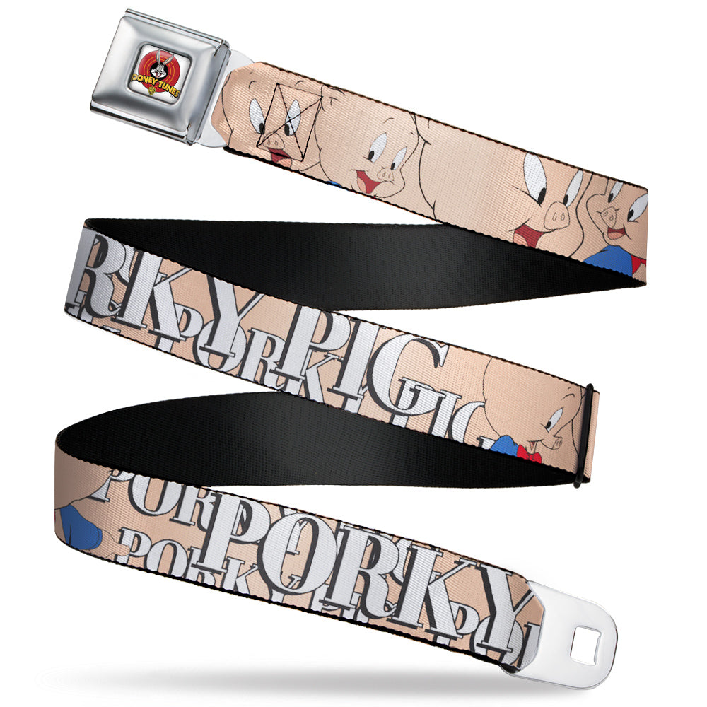 Looney Tunes Logo Full Color White Seatbelt Belt - PORKY PIG w/Poses Pink Webbing Seatbelt Belts Looney Tunes