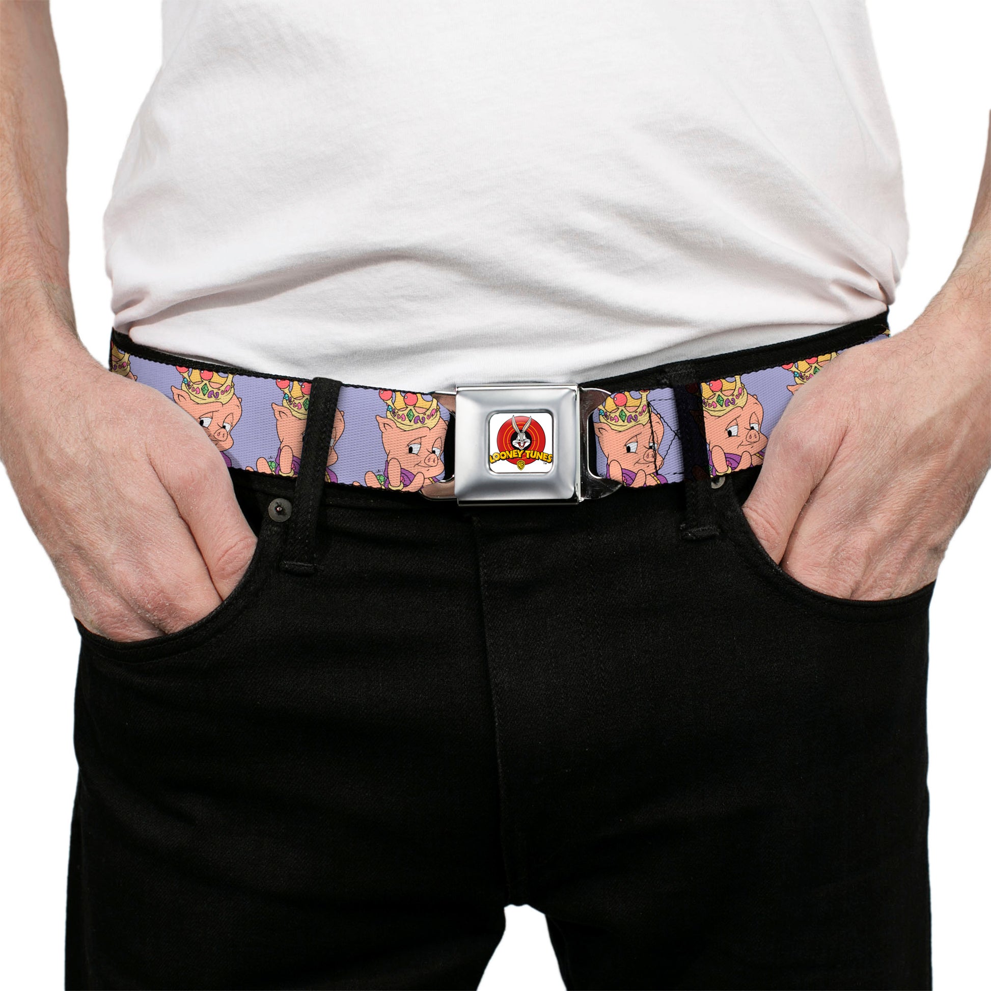 Looney Tunes Logo Full Color White Seatbelt Belt - Porky Pig Hip Hop Expression Lavender Webbing Seatbelt Belts Looney Tunes
