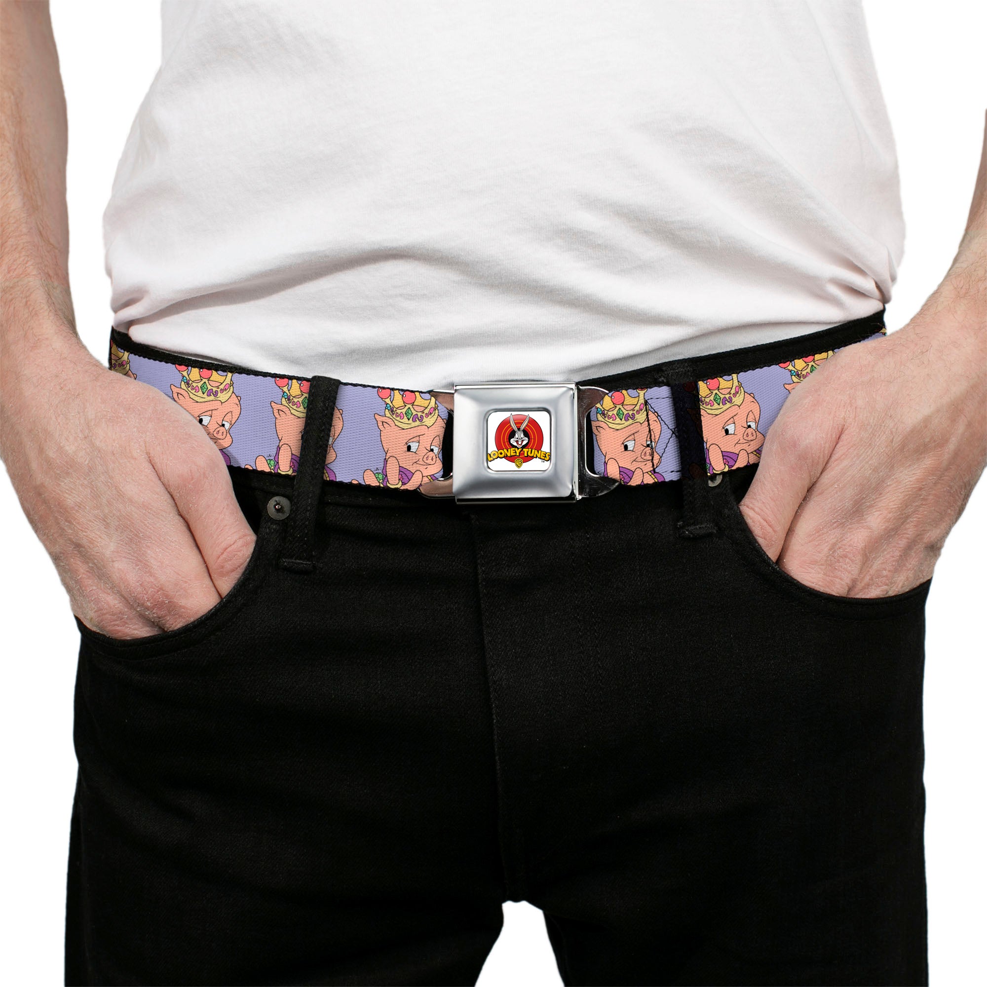 Looney Tunes Logo Full Color White Seatbelt Belt - Porky Pig Hip Hop Expression Lavender Webbing Seatbelt Belts Looney Tunes