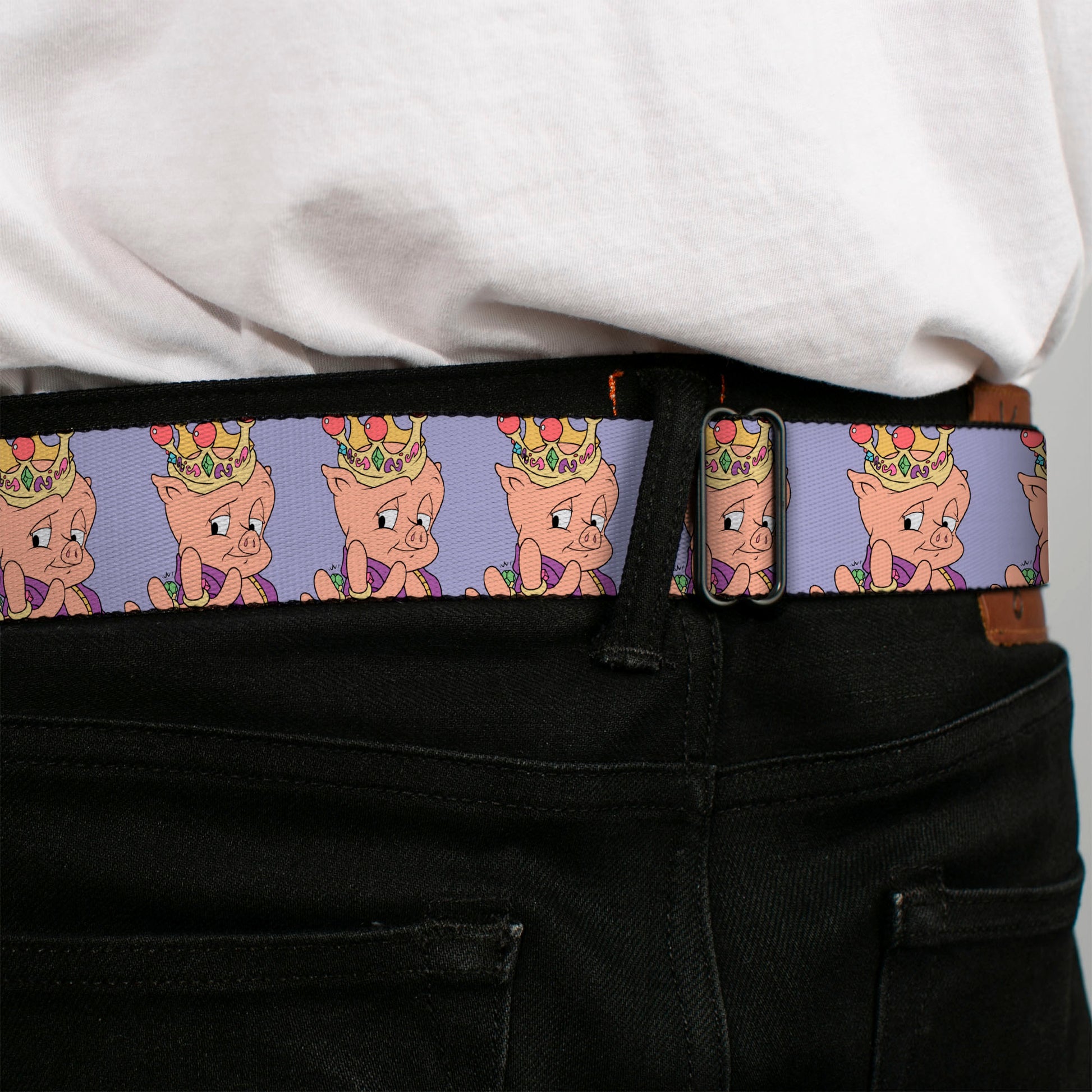 Looney Tunes Logo Full Color White Seatbelt Belt - Porky Pig Hip Hop Expression Lavender Webbing Seatbelt Belts Looney Tunes