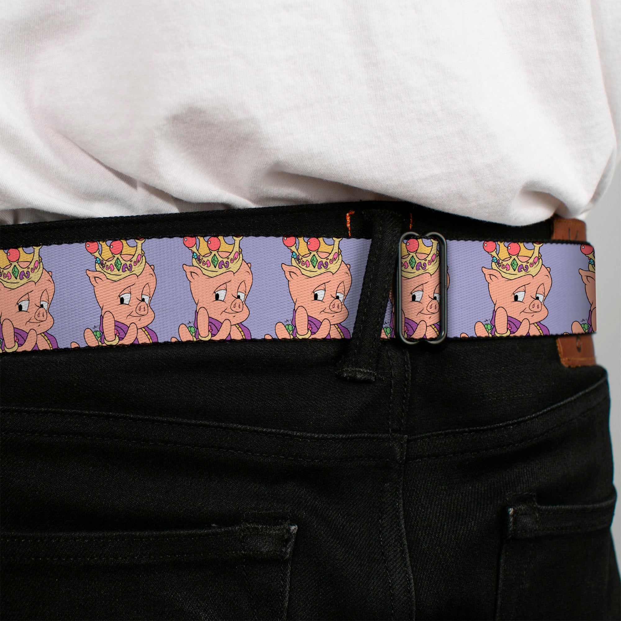 Looney Tunes Logo Full Color White Seatbelt Belt - Porky Pig Hip Hop Expression Lavender Webbing Seatbelt Belts Looney Tunes