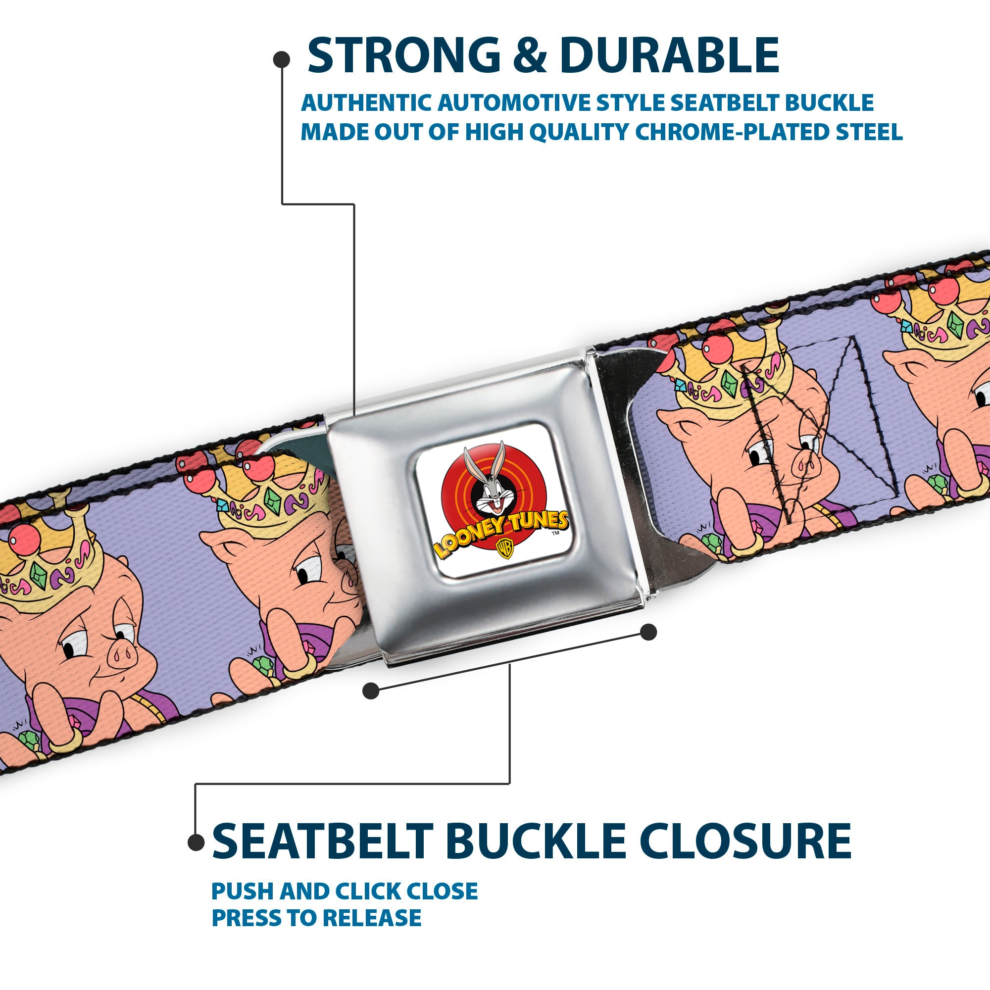 Looney Tunes Logo Full Color White Seatbelt Belt - Porky Pig Hip Hop Expression Lavender Webbing Seatbelt Belts Looney Tunes