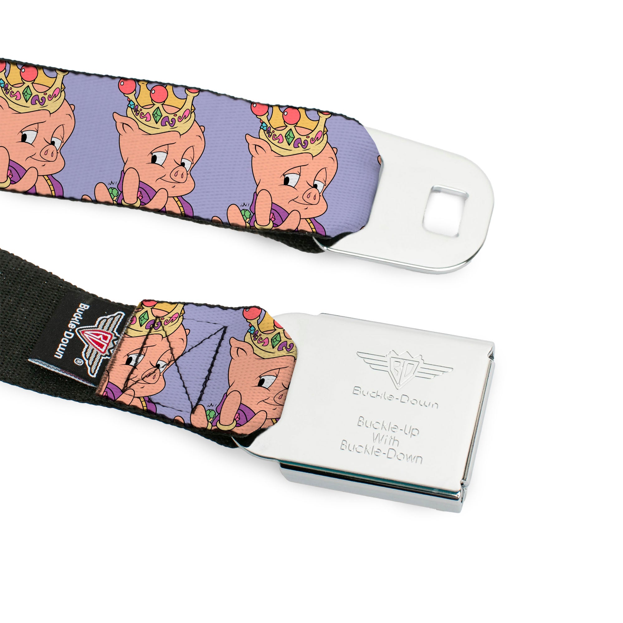 Looney Tunes Logo Full Color White Seatbelt Belt - Porky Pig Hip Hop Expression Lavender Webbing Seatbelt Belts Looney Tunes