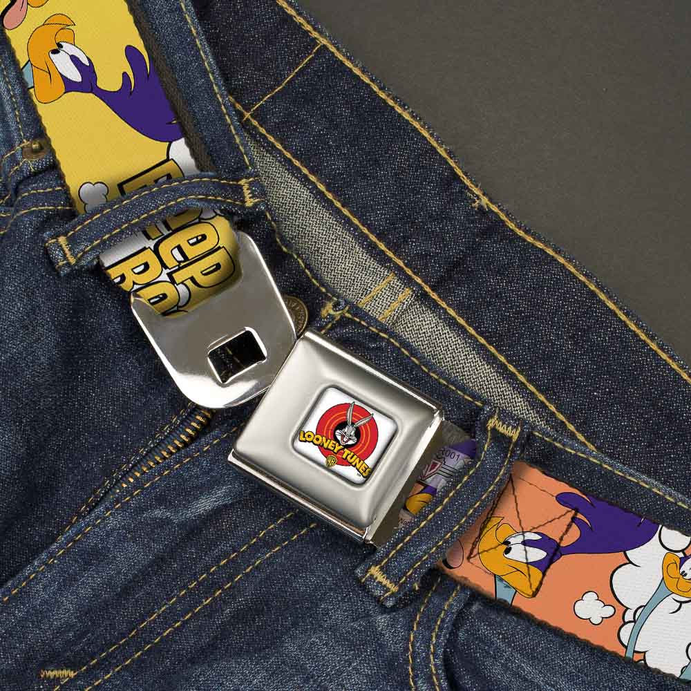 Looney Tunes Logo Full Color White Seatbelt Belt - ROAD RUNNER w/Road Runner Poses Orange Webbing Seatbelt Belts Looney Tunes