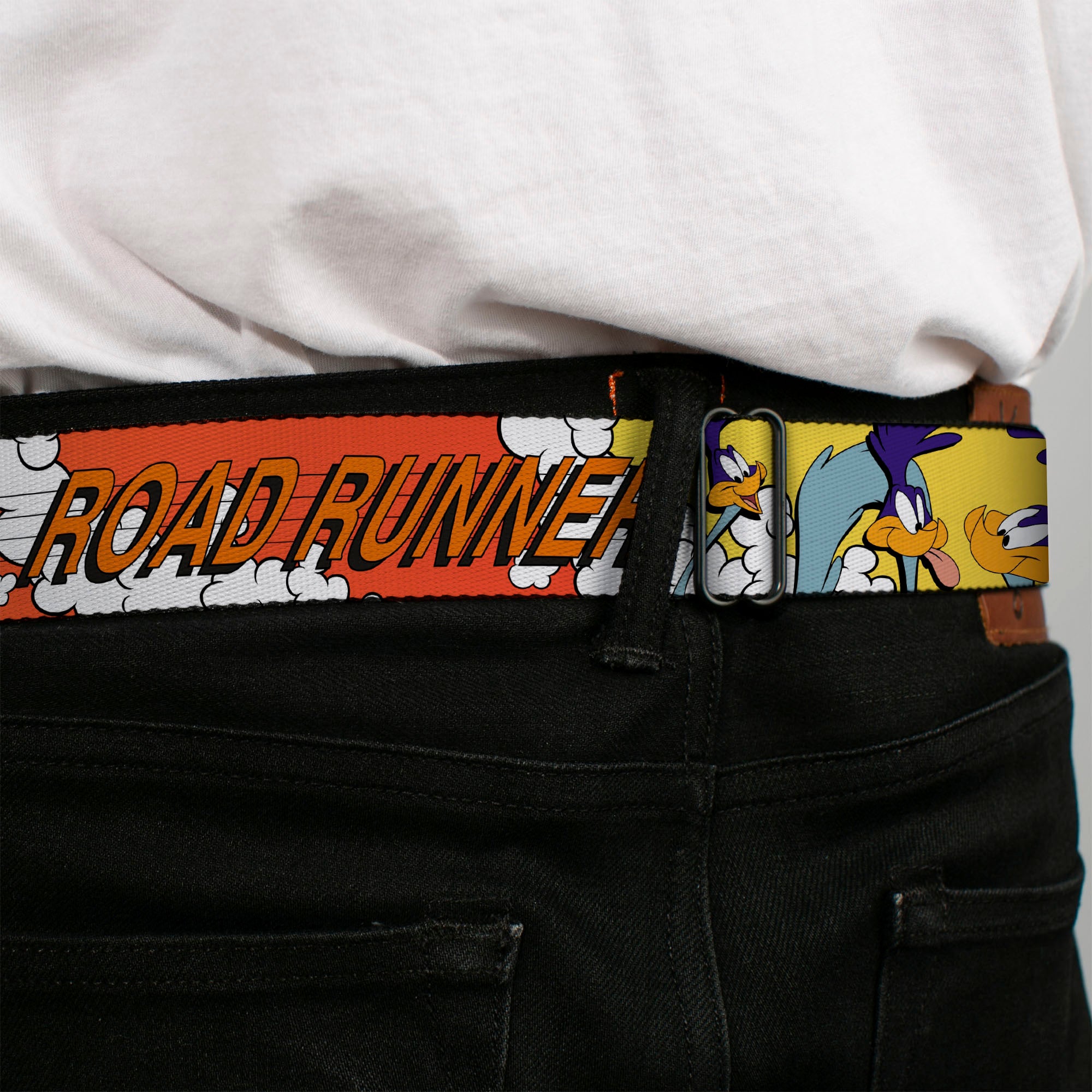 Looney Tunes Logo Full Color White Seatbelt Belt - ROAD RUNNER w/Road Runner Poses Orange Webbing Seatbelt Belts Looney Tunes
