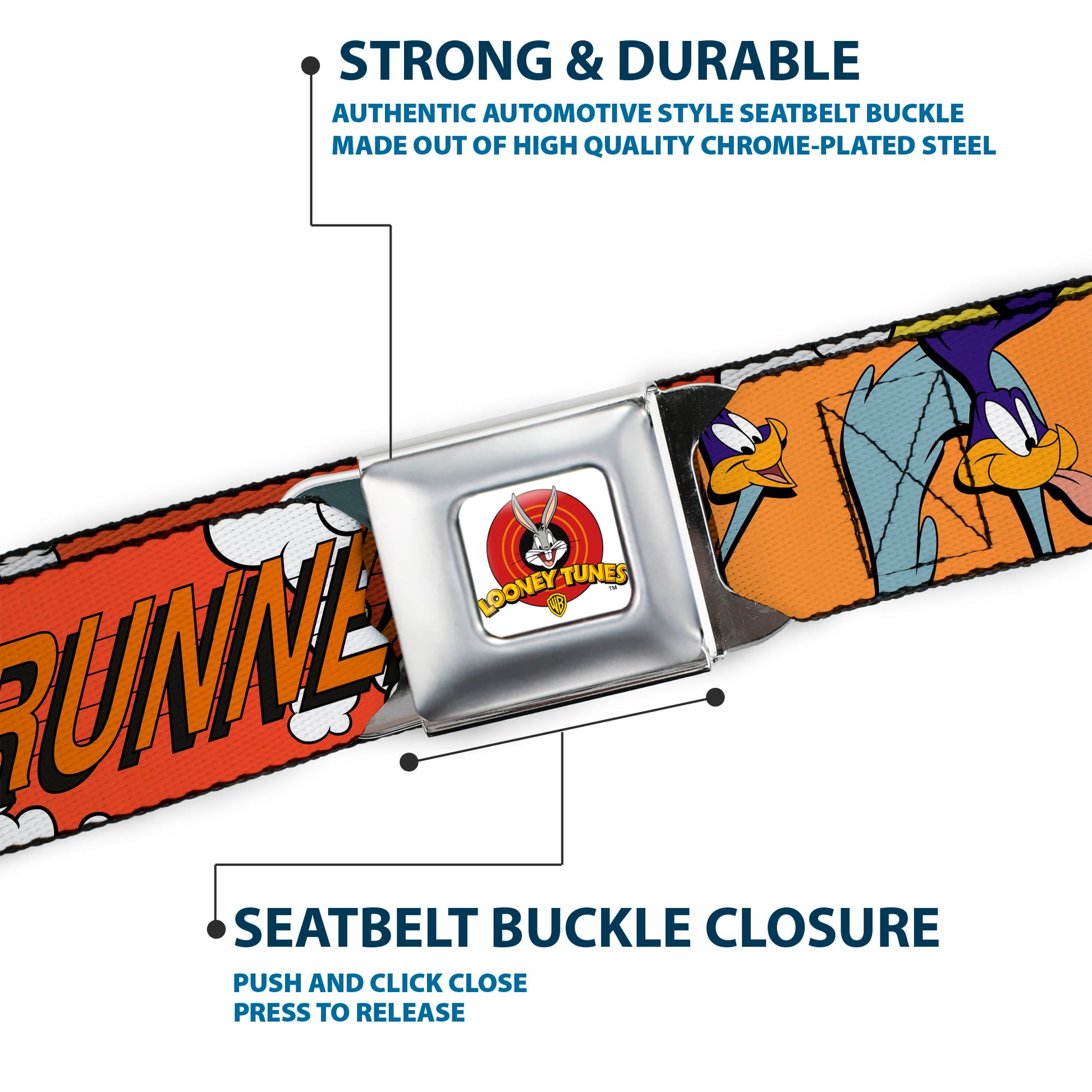 Looney Tunes Logo Full Color White Seatbelt Belt - ROAD RUNNER w/Road Runner Poses Orange Webbing Seatbelt Belts Looney Tunes
