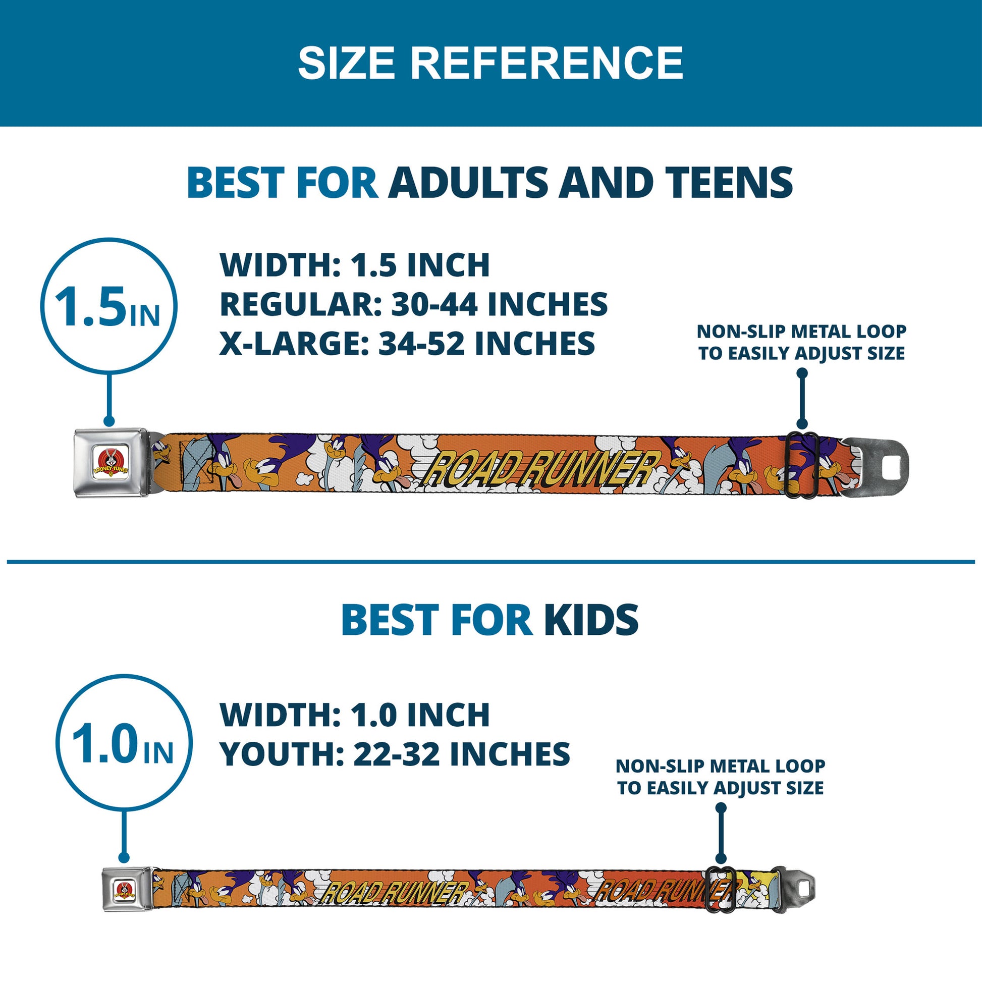 Looney Tunes Logo Full Color White Seatbelt Belt - ROAD RUNNER w/Road Runner Poses Orange Webbing Seatbelt Belts Looney Tunes