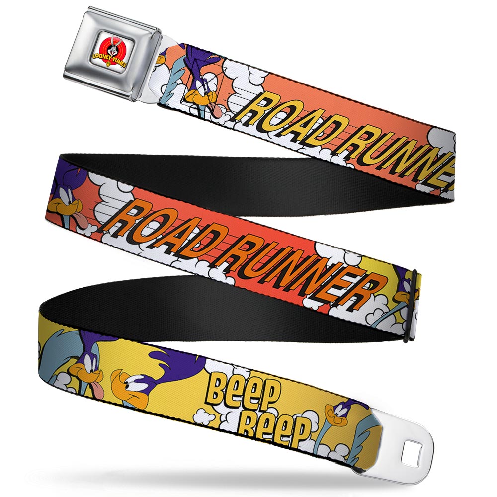 Looney Tunes Logo Full Color White Seatbelt Belt - ROAD RUNNER w/Road Runner Poses Orange Webbing Seatbelt Belts Looney Tunes